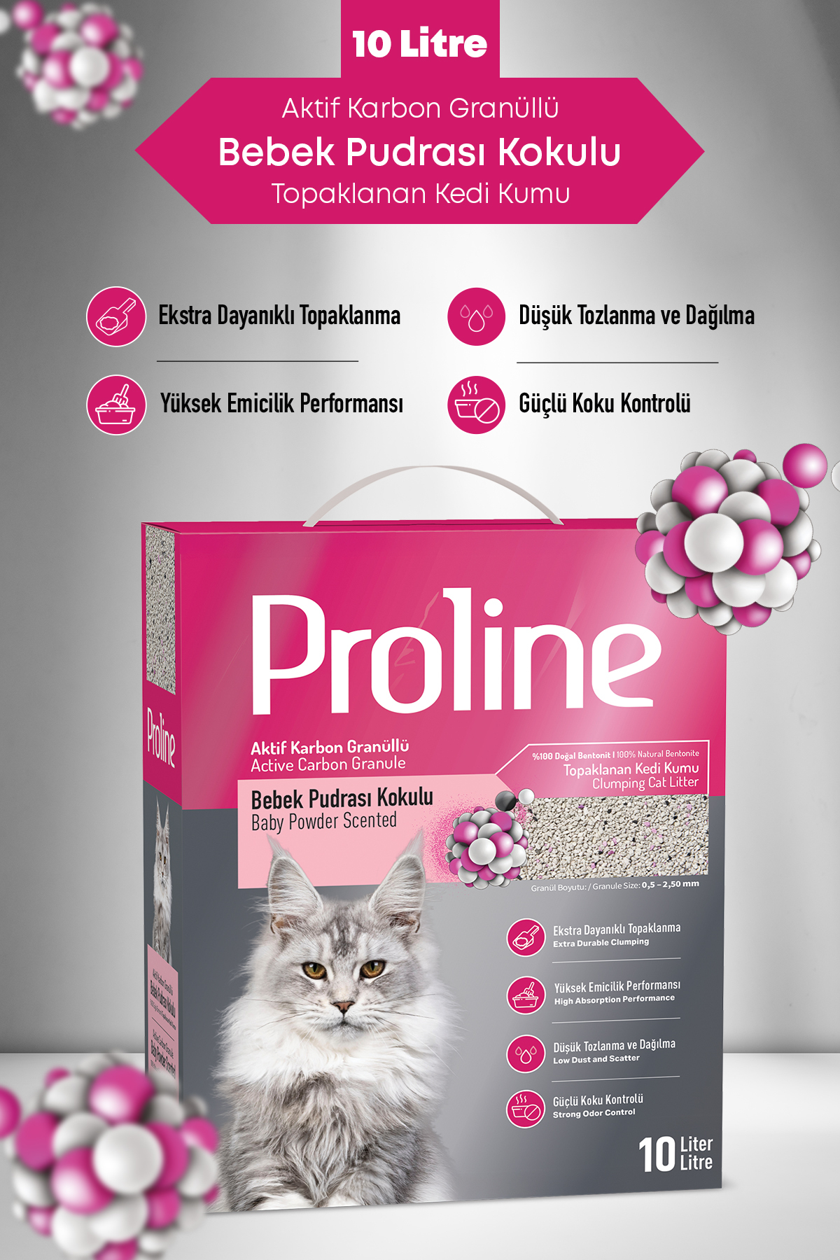 خاک گربه بنتونیتی پرو‌لاین Proline با کربن فعال و رایحه پودر بچه، ۱۰ لیتر