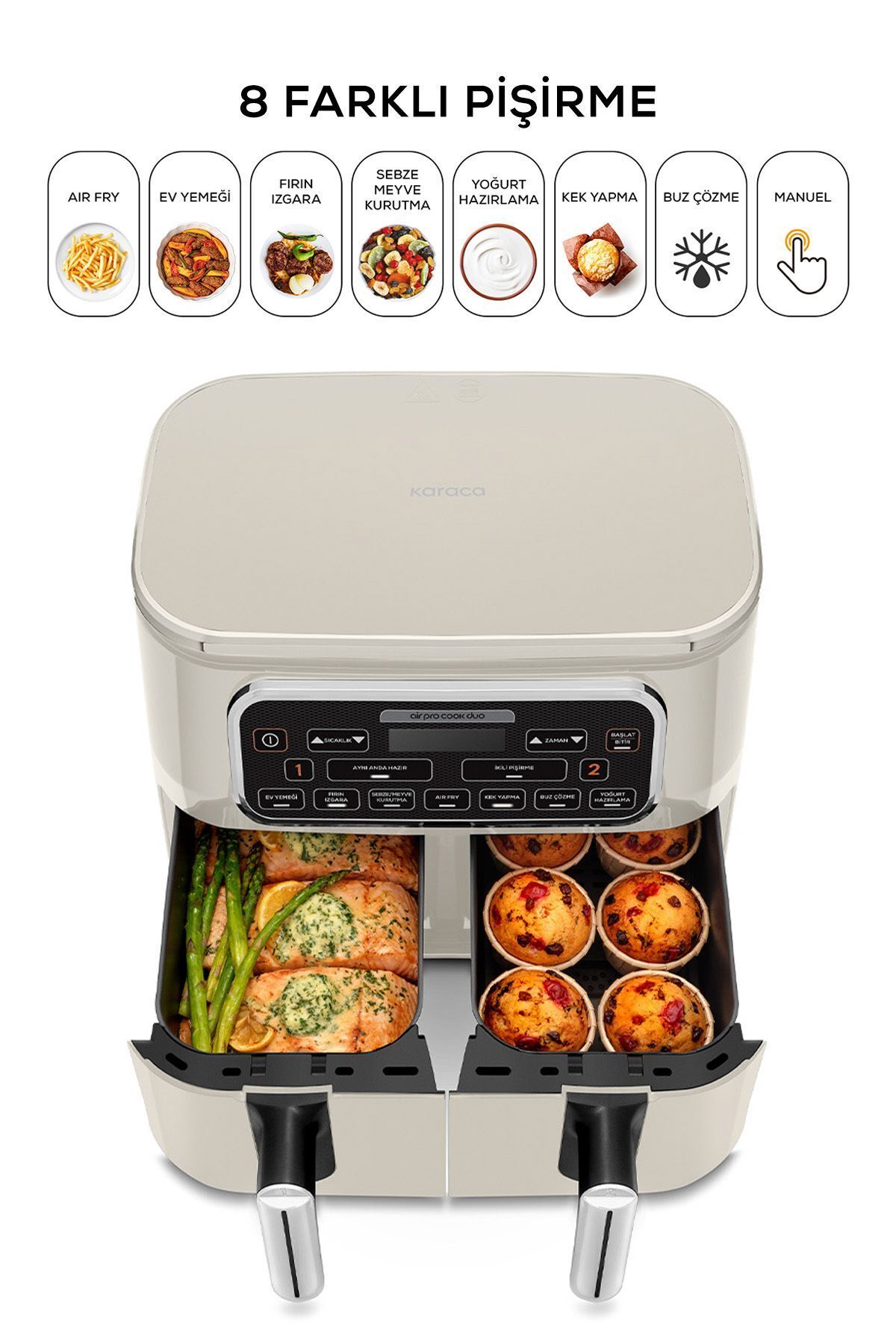 سرخ کن AIR COOK DUO غذای خانگی XXXL 4+4 لیتری AIRFRYER STARLIGHT برای 8 نفر اورجینال Karaca