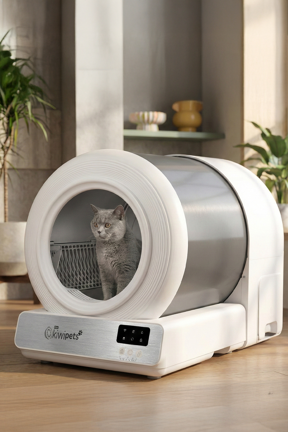 ظرف خاک گربه هوشمند و خودتمیزشونده تاینی کیوی‌پتس Tiny Kiwipets KPLB-10771، ظرفیت ۶۰ لیتر، سفید