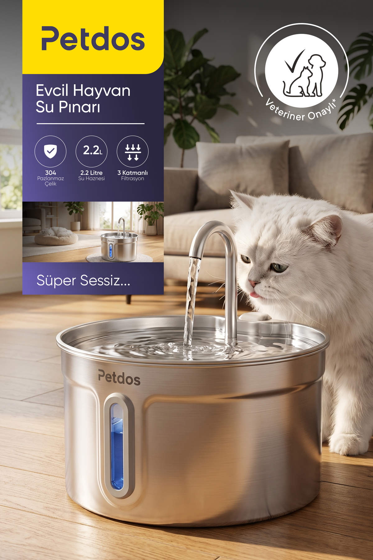 آبنمای اتوماتیک سگ و گربه پت‌دوس Petdos Aqua Pure، مدل PD-S101، ظرفیت ۲٫۲ لیتر، فولاد ضدزنگ 2.2 L