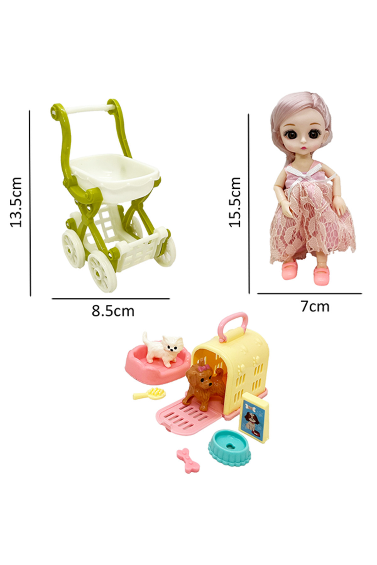 عروسک های اسباب بازی و لوازم جانبی مجموعه DOLLYLAND MINKIE BABY BABDY 10 قطعه با دوستان حیوانات کالسکه Gokidy