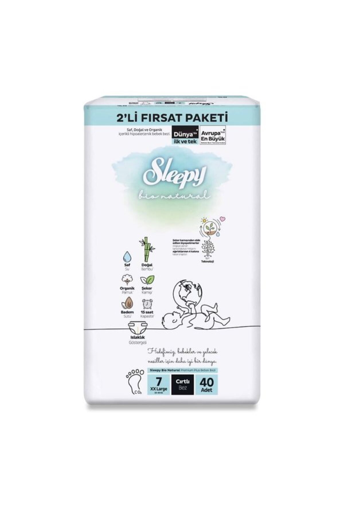 پوشک بچه بایو نچرال 2 بسته سایز 7 XXL 40 عدد اورجینال Sleepy