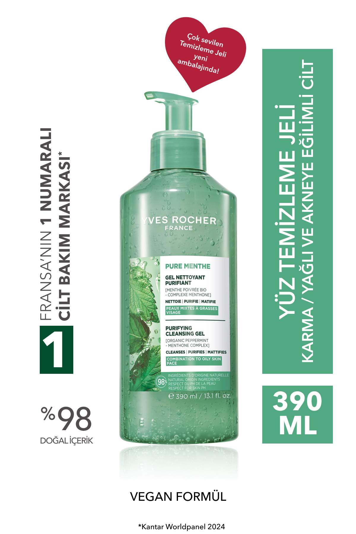 ژل شستشوی صورت Pure Menthe Prebiotic برای پوست های مختلط و چرب 390 میل ایوروشه Yves Rocher