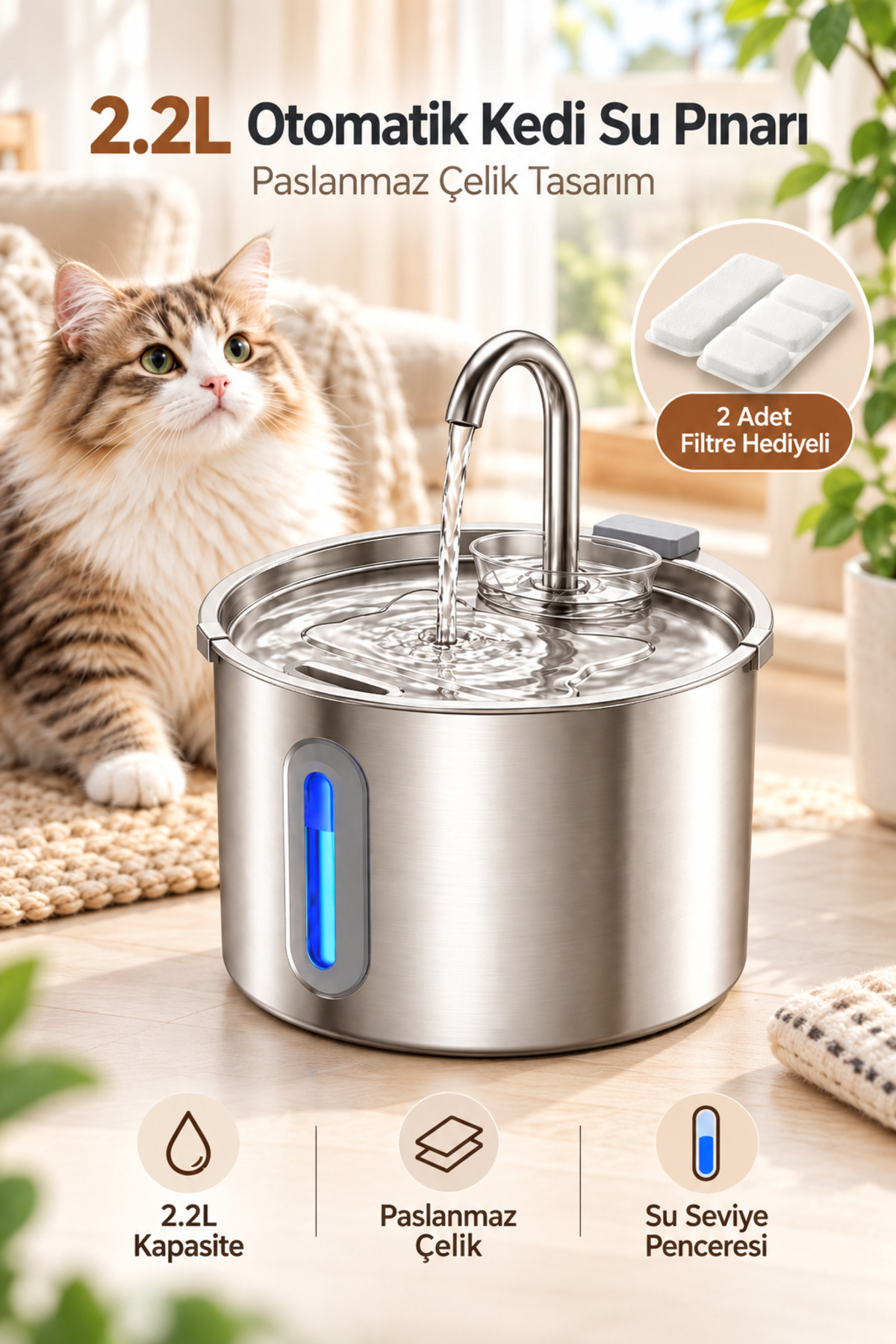 آب‌خوری فواره‌ای خودکار سگ و گربه ماولت MAVLET، مدل PS04005، ظرفیت ۲٫۲ لیتر 2.2L