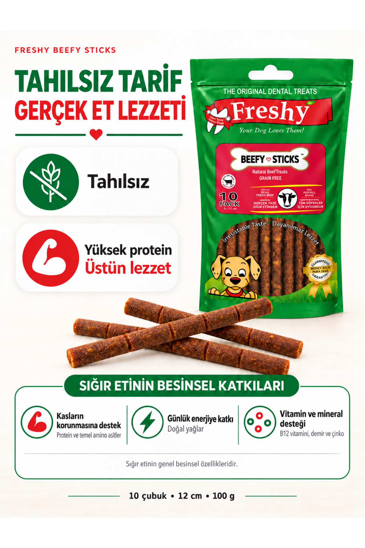 تشویقی نرم و بدون غلات سگ فرشی Freshy Beefy Sticks، ۱۰ عدد، ۱۲ سانتی‌متر، ۱۰۰ گرم