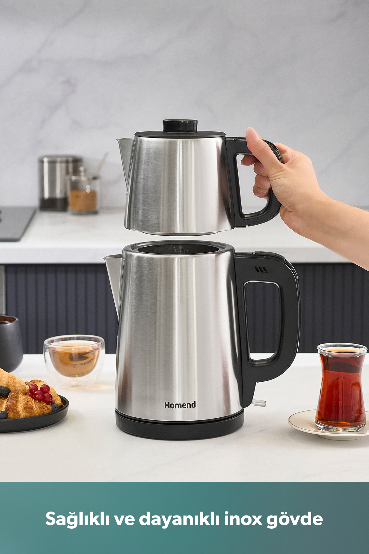 چای ساز کتری و ROYALTEA 1728H INOX اورجینال HOMEND
