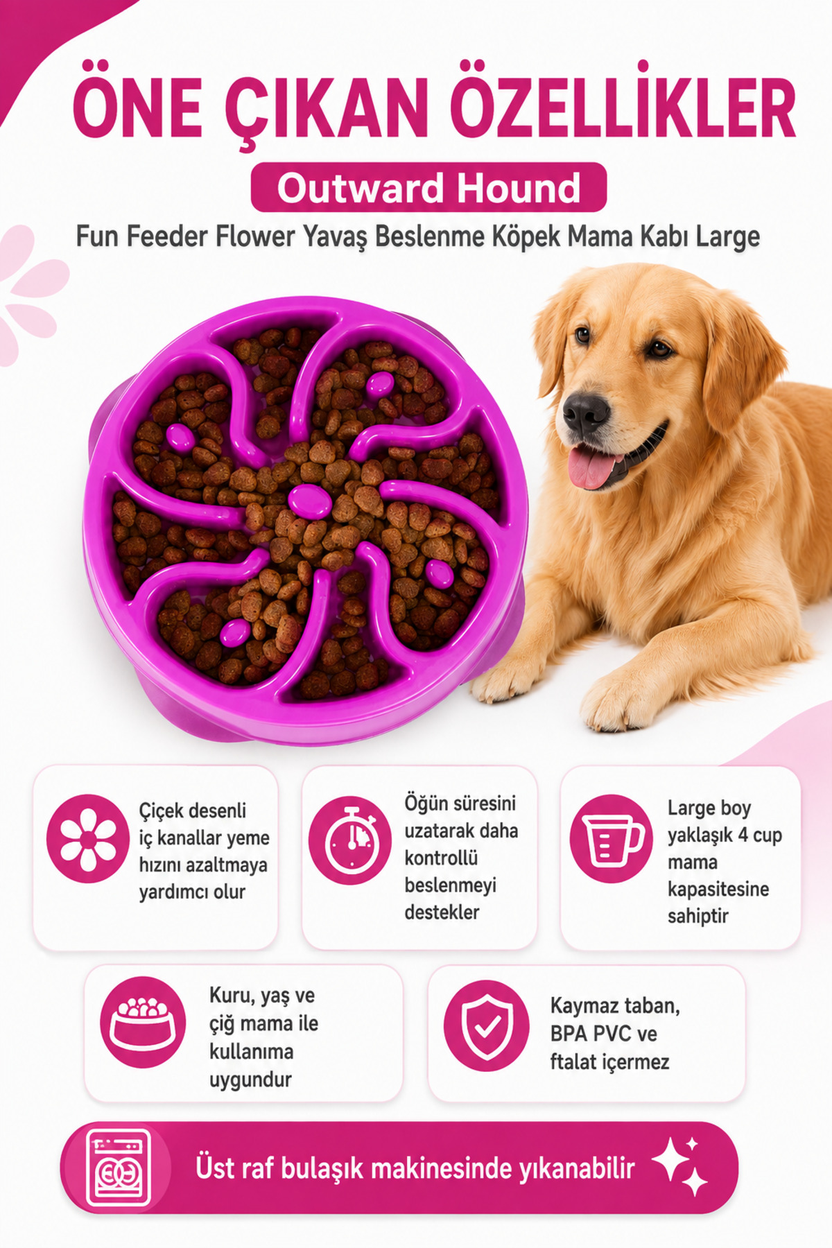 ظرف غذای آهسته‌خور سگ اوت‌وارد هاوند Outward Hound Fun Feeder Flower، سایز Large، بنفش