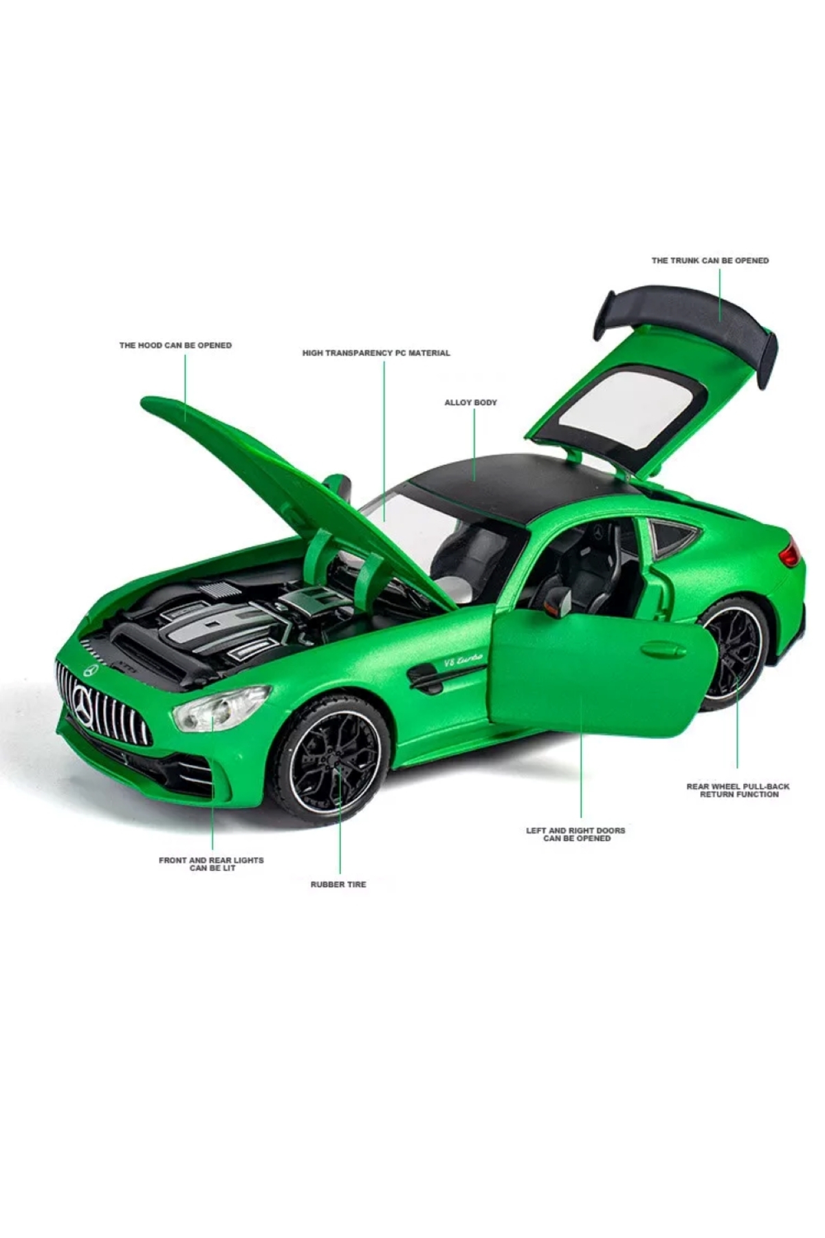 مدل خودرو مرسدس بنز AMG GTR ماشین V8 توربو با درهای باز چراغ و صدا اورجینال scntoys
