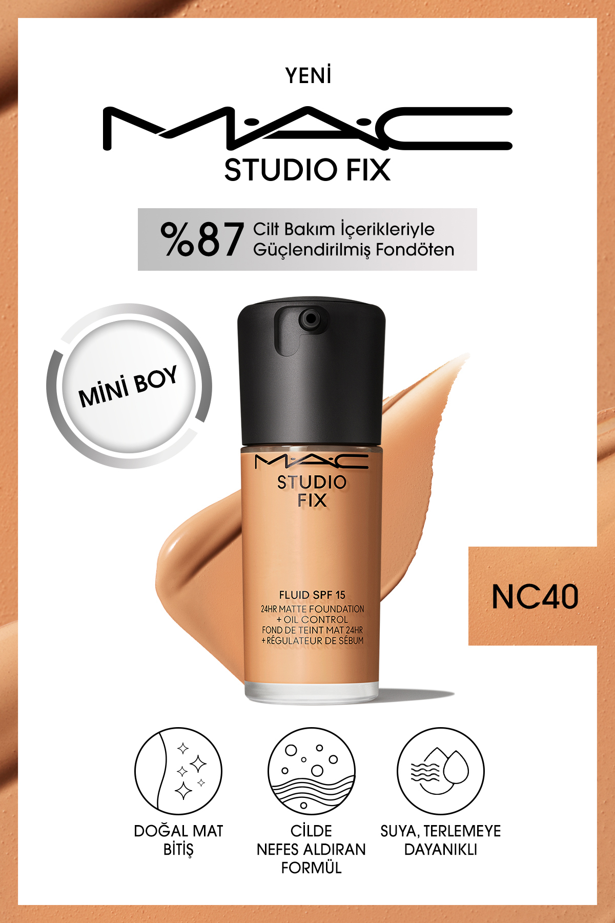 کرم پودر استودیو FIX FLUID SPF 15 MINI MAT FOUNDING NC40 ML Mac