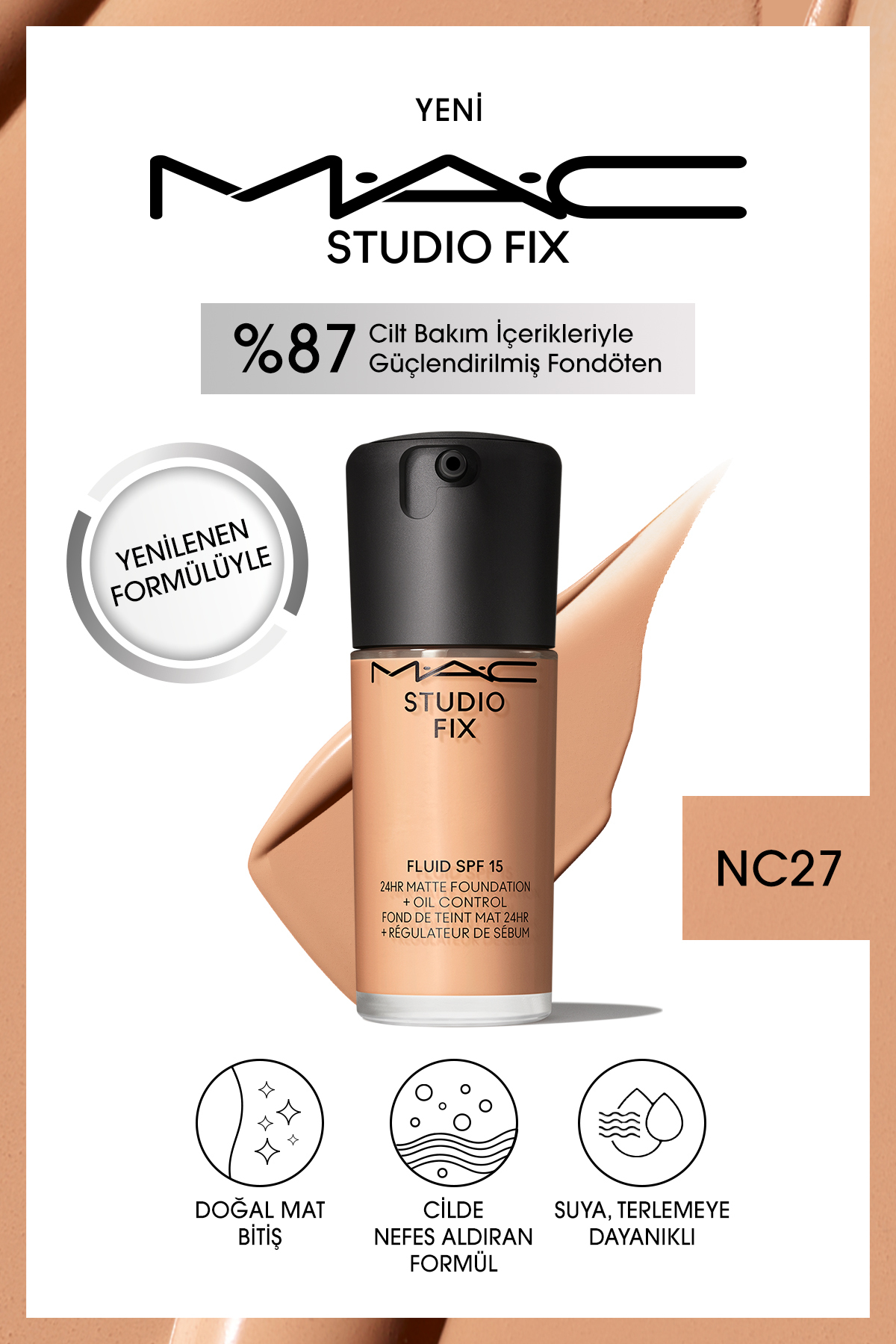 کرم پودر بنیاد MATT دائمی تا 24 ساعت استودیو FIX FLUID SPF15 رنگ: NC27 30ML Mac