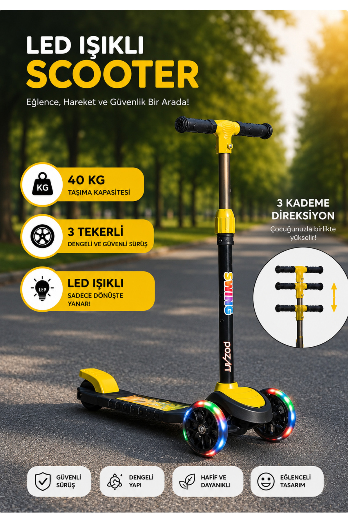 اسکوتر کودکان جدید SWING 3 WHEELS با چراغ LED ظرفیت 40 کیلوگرم مناسب برای سنین سال به بالا POZART