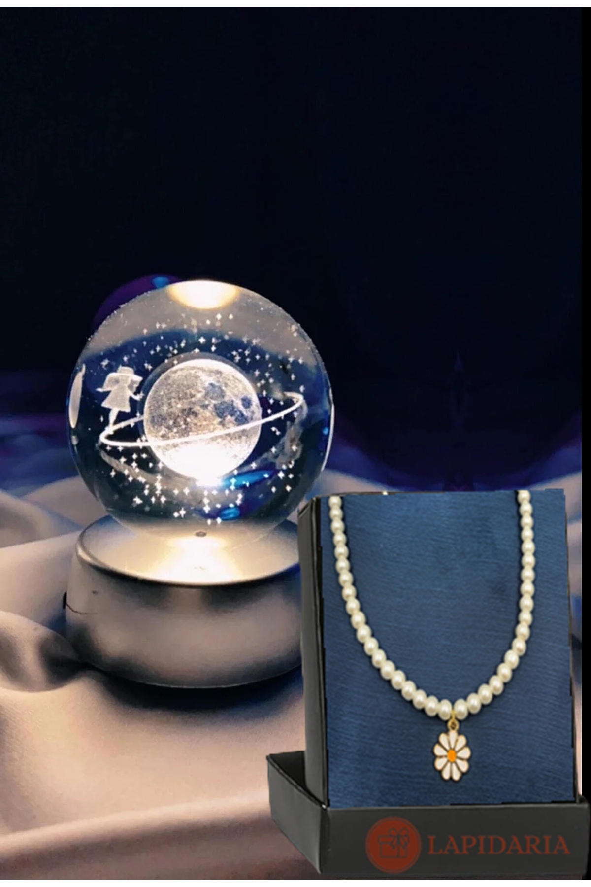 گوی برفی گلوب شیشه ای روشن سه بعدی LED و گردنبند دیزی با تم زحل از ترکیه Lapidaria