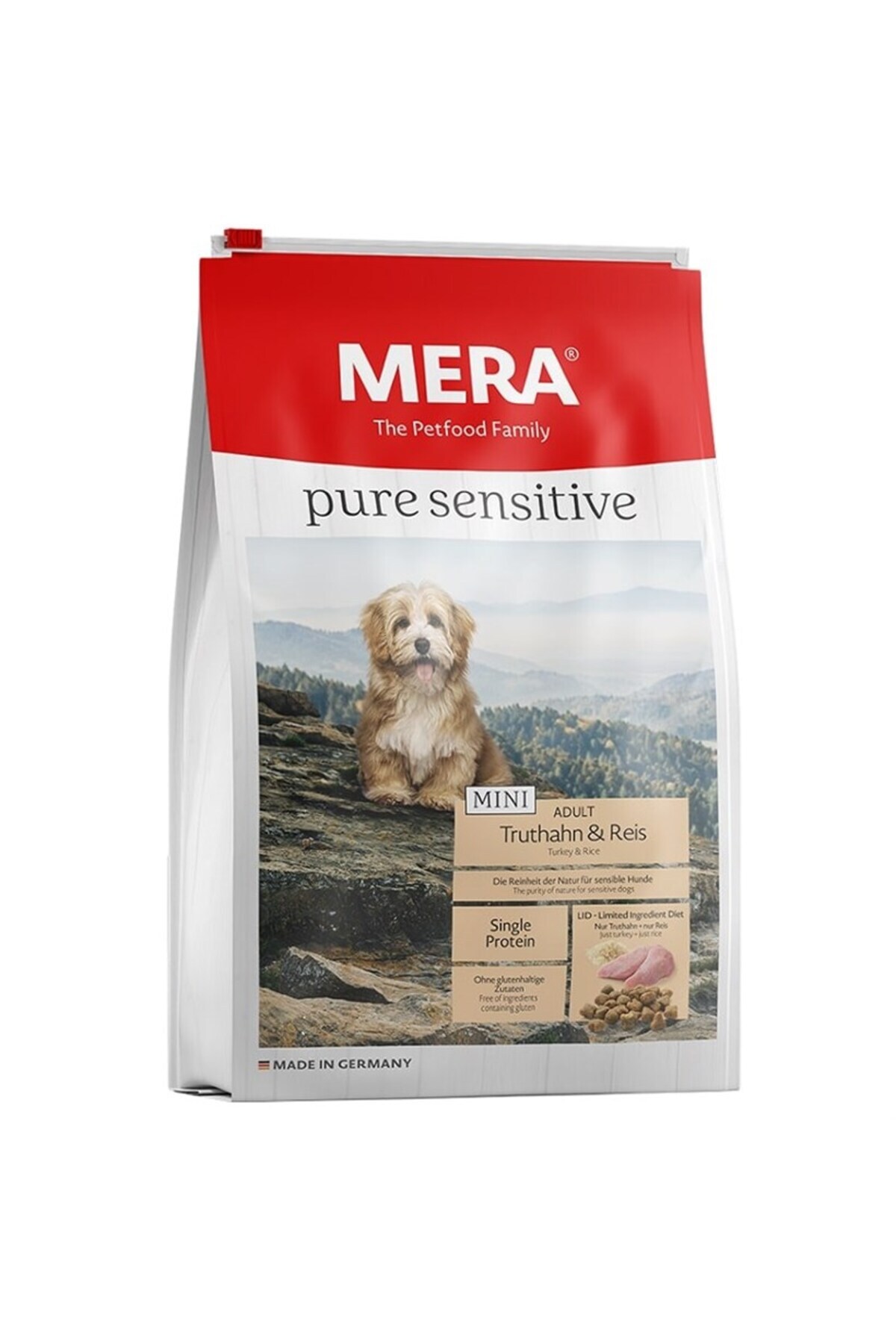 غذای خشک سگ مرا Mera، سری Pure Sensitive Mini Adult، با بوقلمون، ۴ کیلوگرم