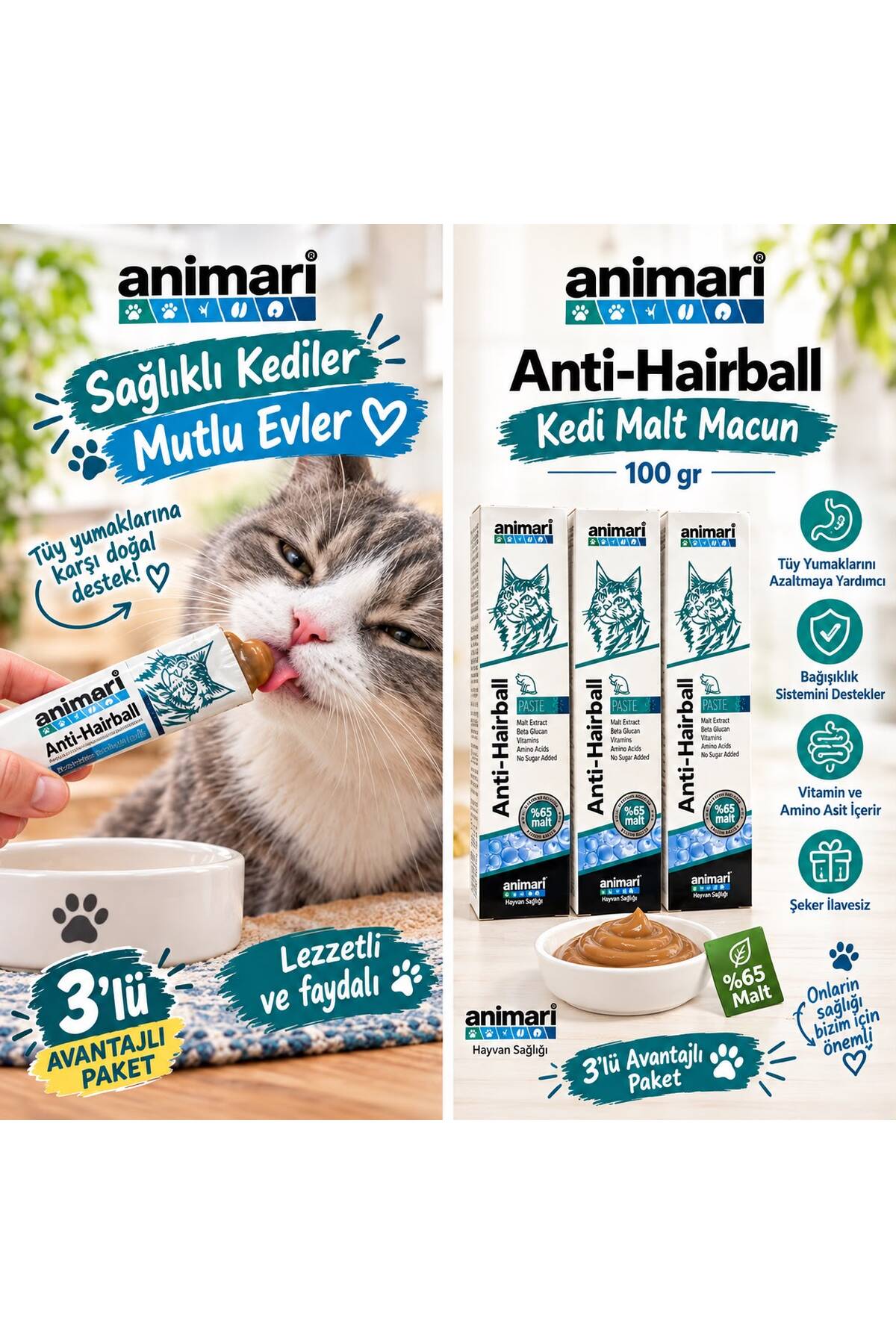 خمیر مالت گربه انیماری Animari، بسته ۳ عددی با ۶۵٪ مالت 100 ml