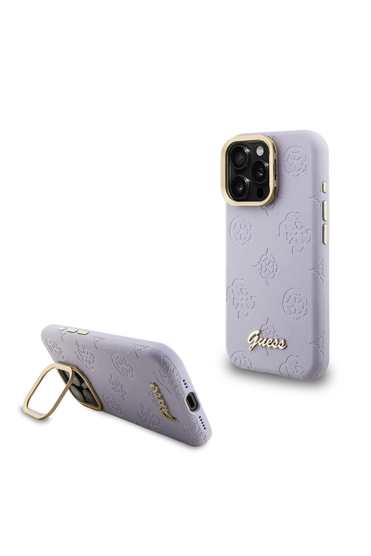 کاور و قاب سازگار با IPHONE 15 PRO MAX دارای مجوز شارژ M SAFE پوشش ویژه گل صد تومانی پایه دوربین بنفش اورجینال Guess