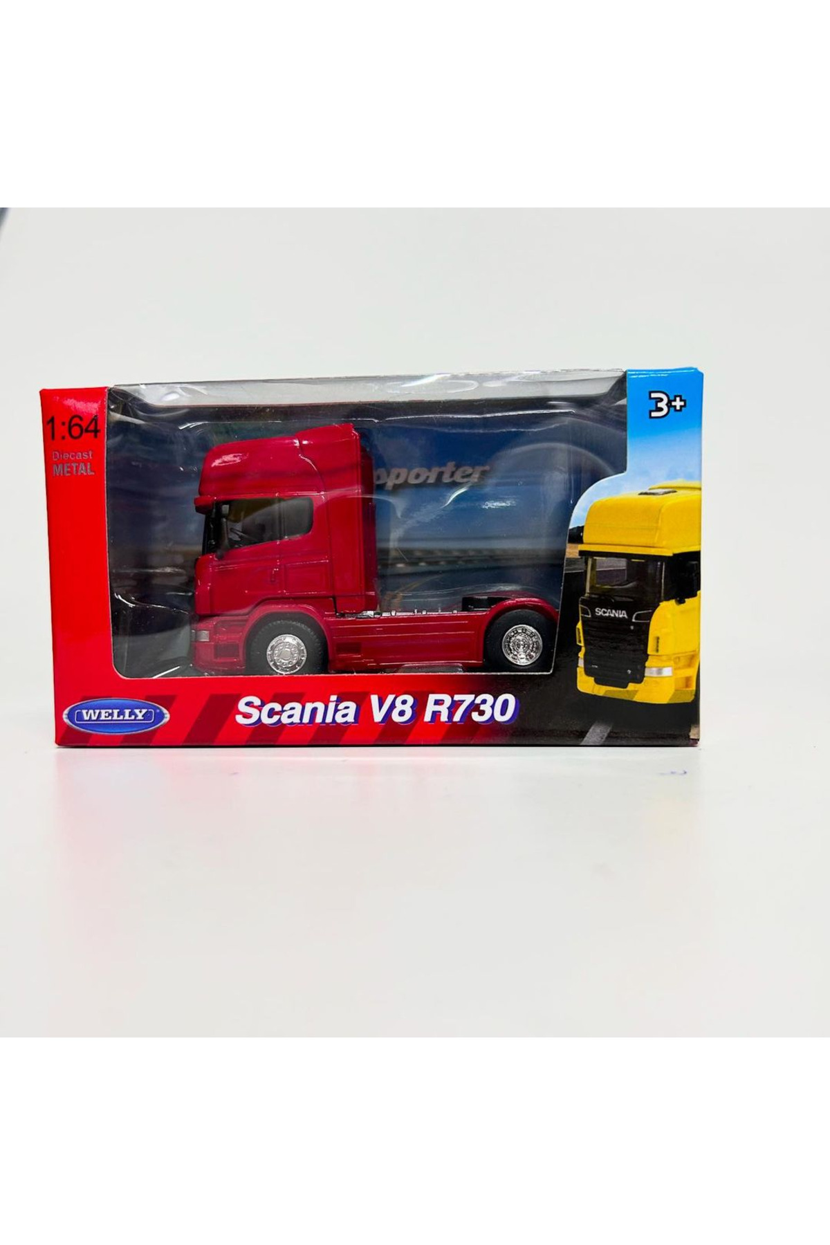 مدل خودرو 1.64 مقیاس کوچک سایز 11 سانتی‌متر WELLY با مجوز SCANIA V8 R730 قرمز رنگ کامیون فلزی اورجینال WELLY
