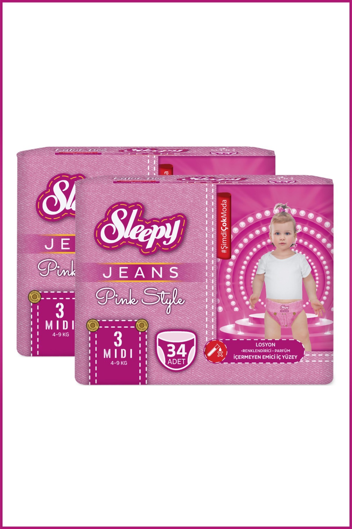 پوشک بچه شلوار جین صورتی سایز 3 میدی 2 تکه جامبو 68 پارچه اورجینال Sleepy