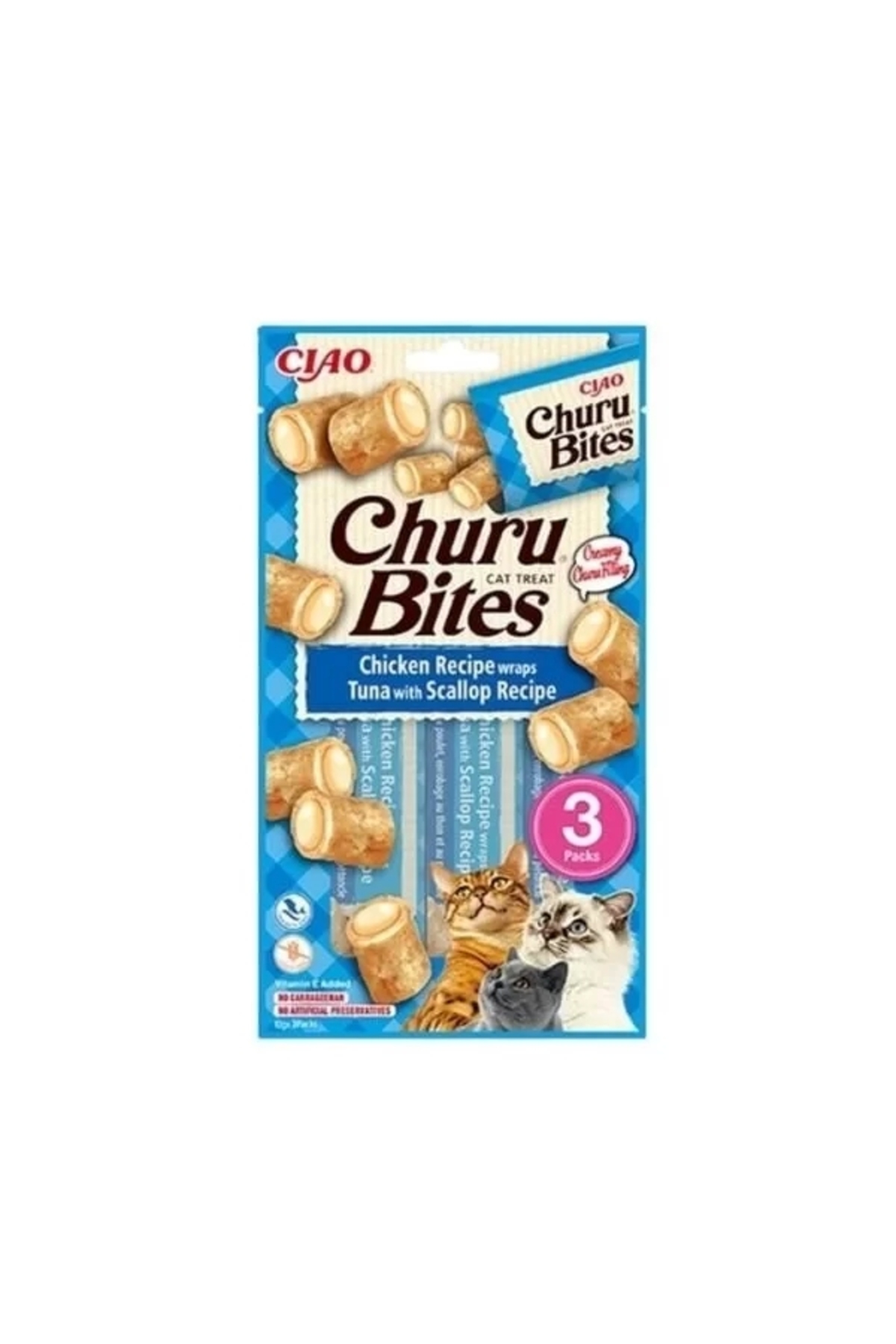 تشویقی گربه اینابا Inaba Ciao Churu Bites با مرغ، صدف اسکالوپ و ماهی تن، ۳ عددی 10 gr
