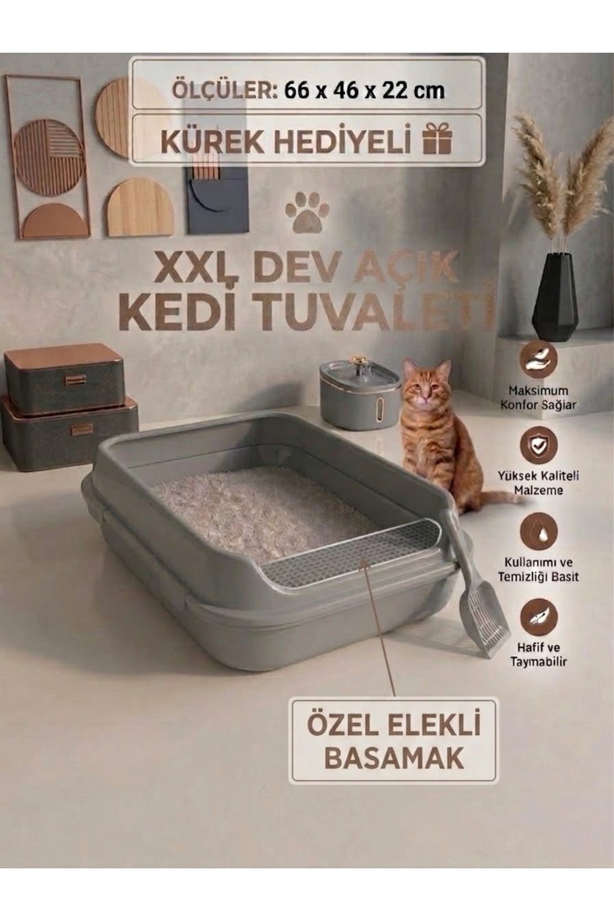 ظرف خاک گربه روباز XXL همراه بیلچه، اورگاکیتی Orgakitty خاکستری