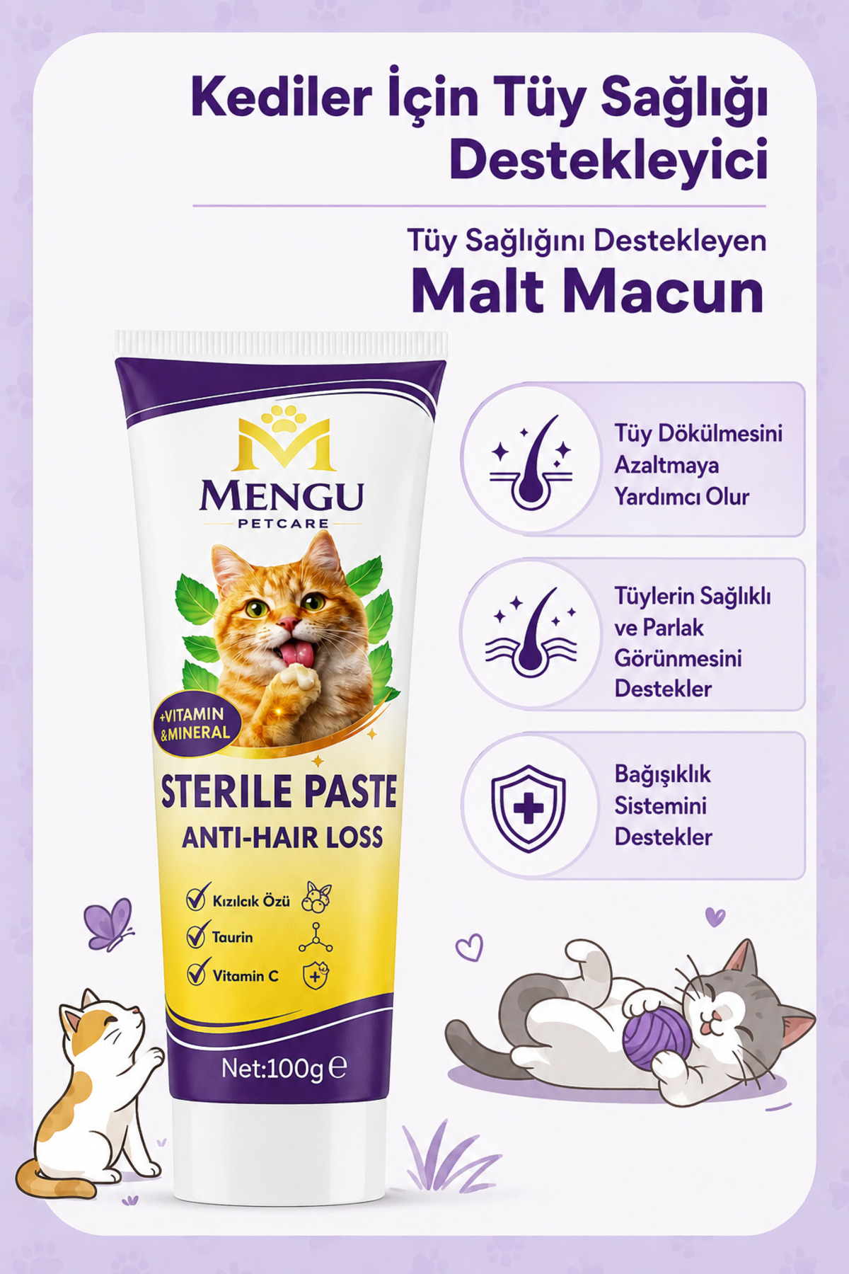 ست پشتیبان ریزش موی گربه منگو پت‌کر Mengu Petcare، روغن ماهی، خمیر مالت و قطره B Complex
