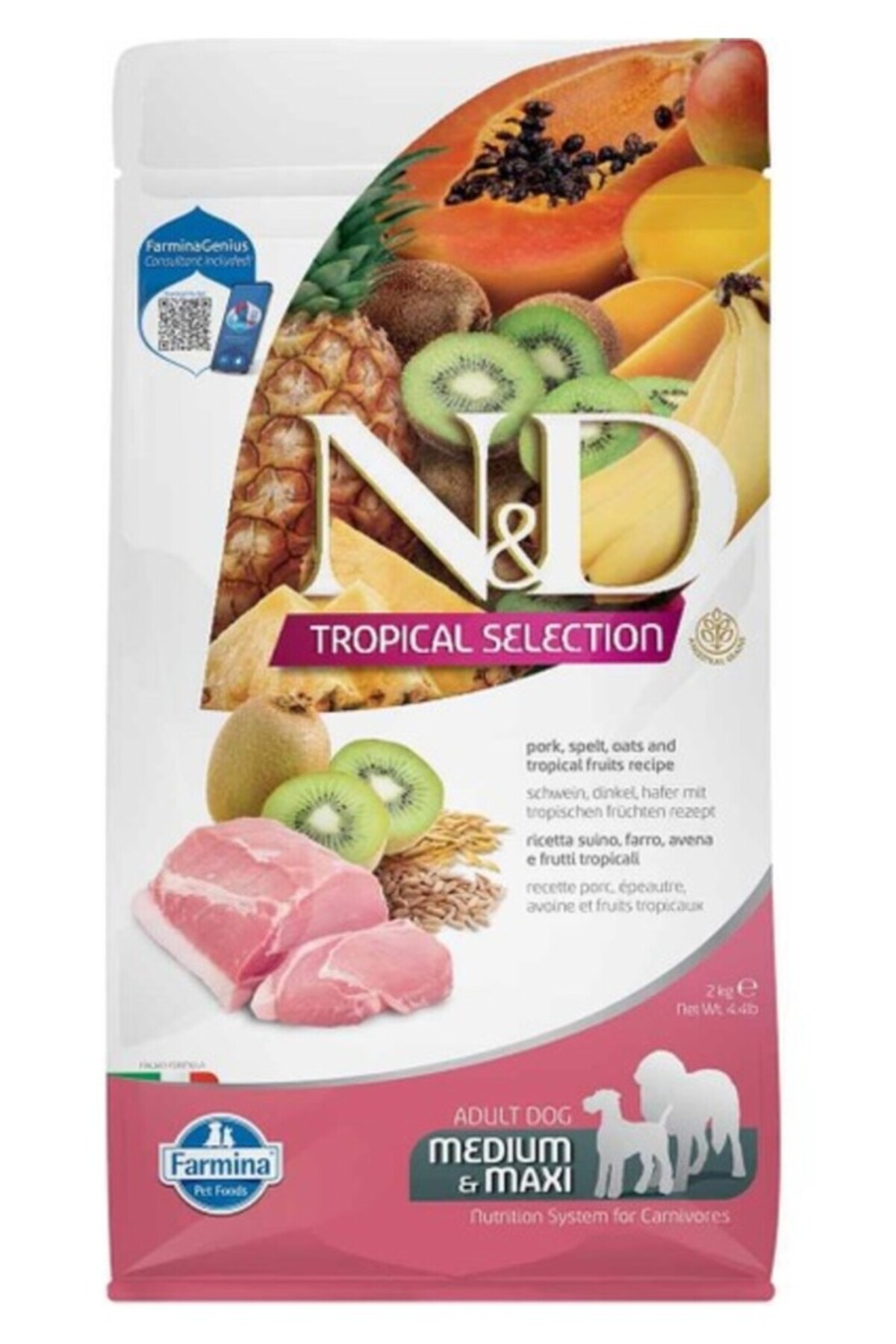 غذای خشک سگ ان‌اندی N&D Tropical Selection، کم‌غله با گوشت خوک و میوه‌های گرمسیری، ۲ کیلوگرم