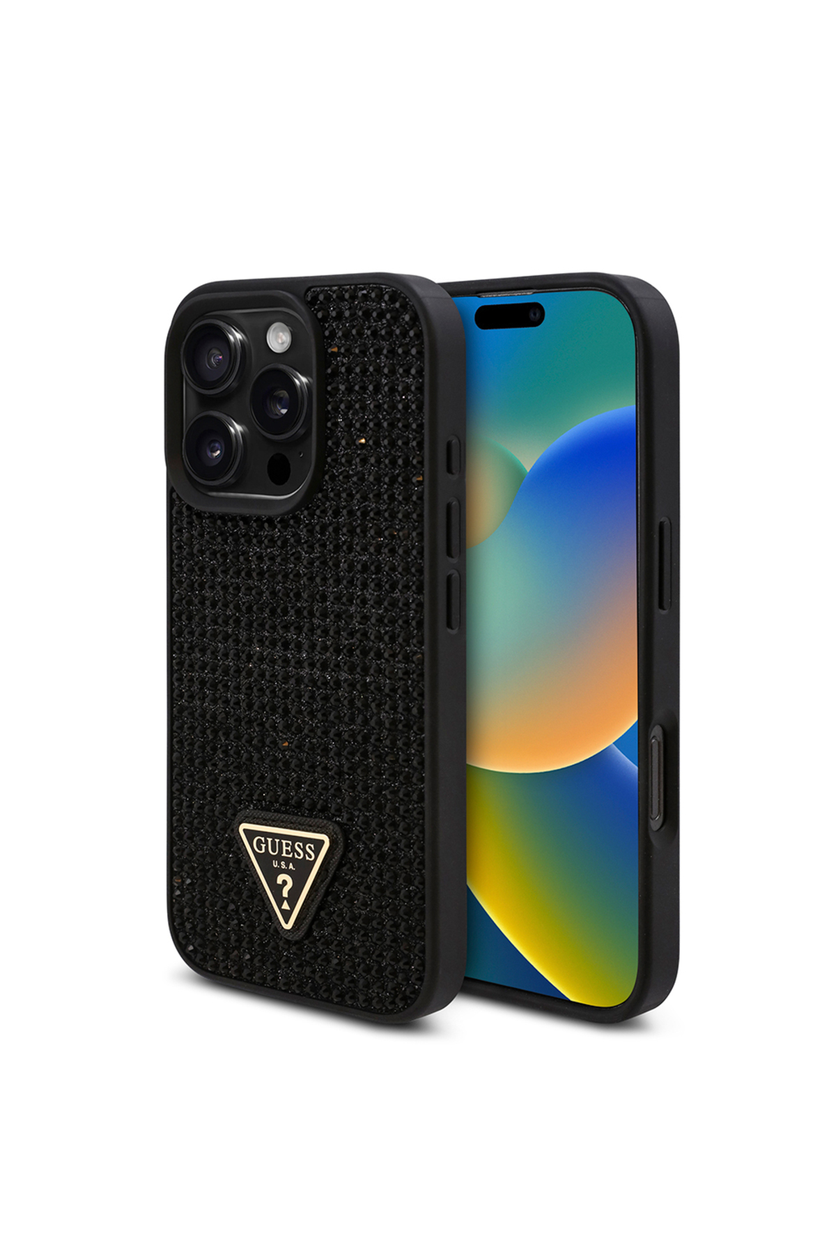کاور و قاب محافظ IPHONE 16 PRO GUESS LICENSED TRIANGLE LOGO STONE COVER مشکی اورجینال Guess