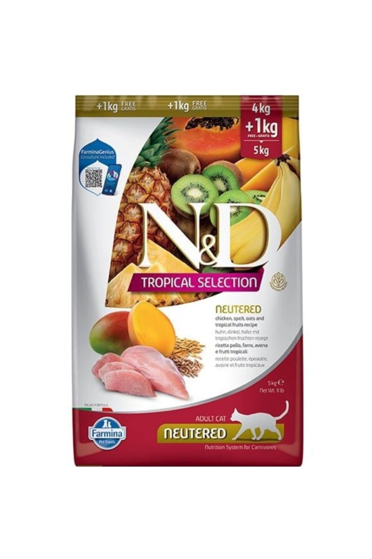 غذای خشک گربه‌های عقیم‌شده ان‌اند‌دی N&D سری Tropical Selection، مرغ و میوه‌های گرمسیری، ۵ کیلوگرم (۴+۱)