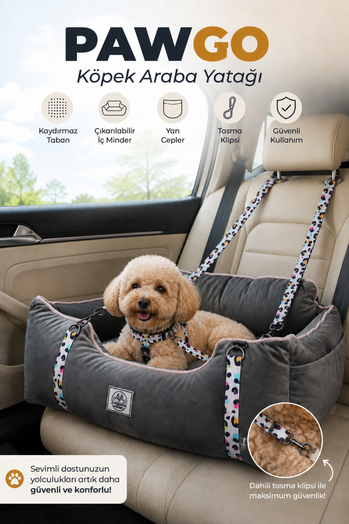 صندلی خودرو قابل‌حمل گربه و سگ جونگولیکا Jungolica Pet Products PawGo، مدل JPP78، با گیره قلاده و بند قابل تنظیم خاکستری