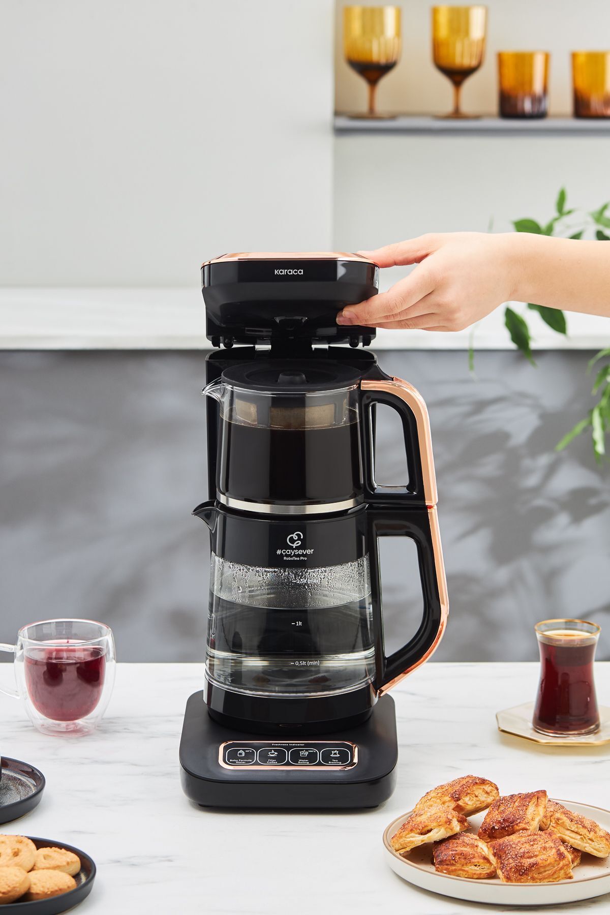 چای ساز ROBOTEA PRO 4 IN 1 TAKING GLASS TEA MACHINE مشکی COPPER اورجینال Karaca