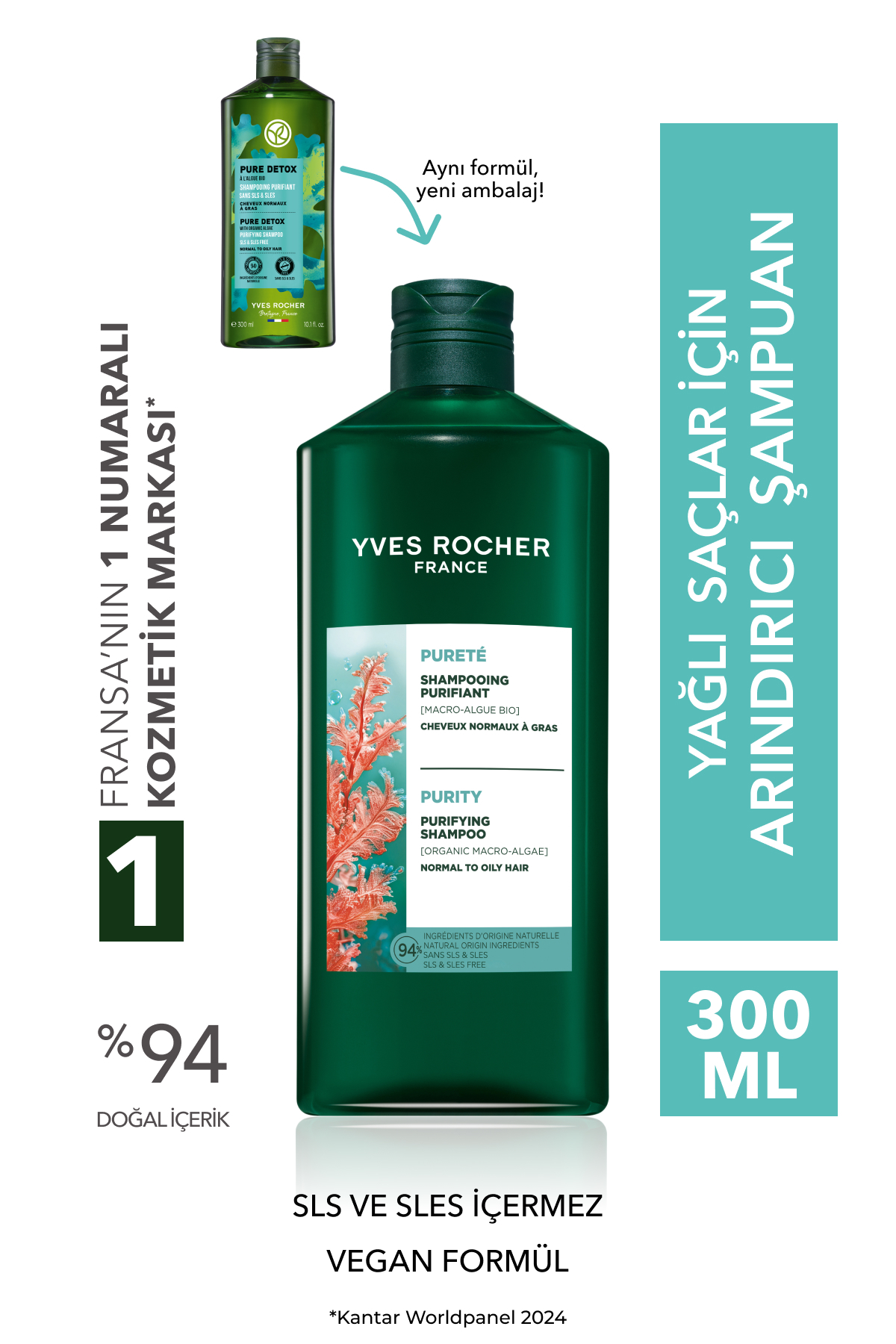 Yves Rocher شامپو پاک کننده موهای چرب دتاکس خالص وگان بدون سولفات 300 میل