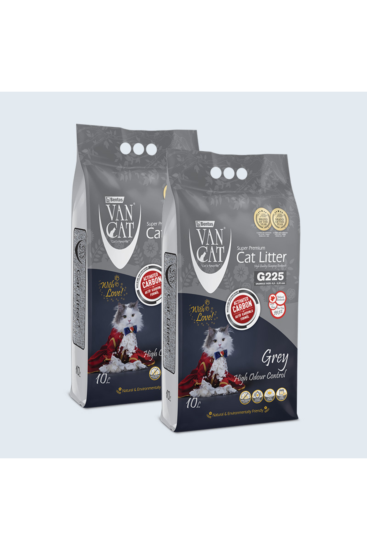 خاک گربه بنتاش ون کت Bentaş Van Cat G225 خاکستری با کربن فعال، ۲ بسته ۱۰ لیتری