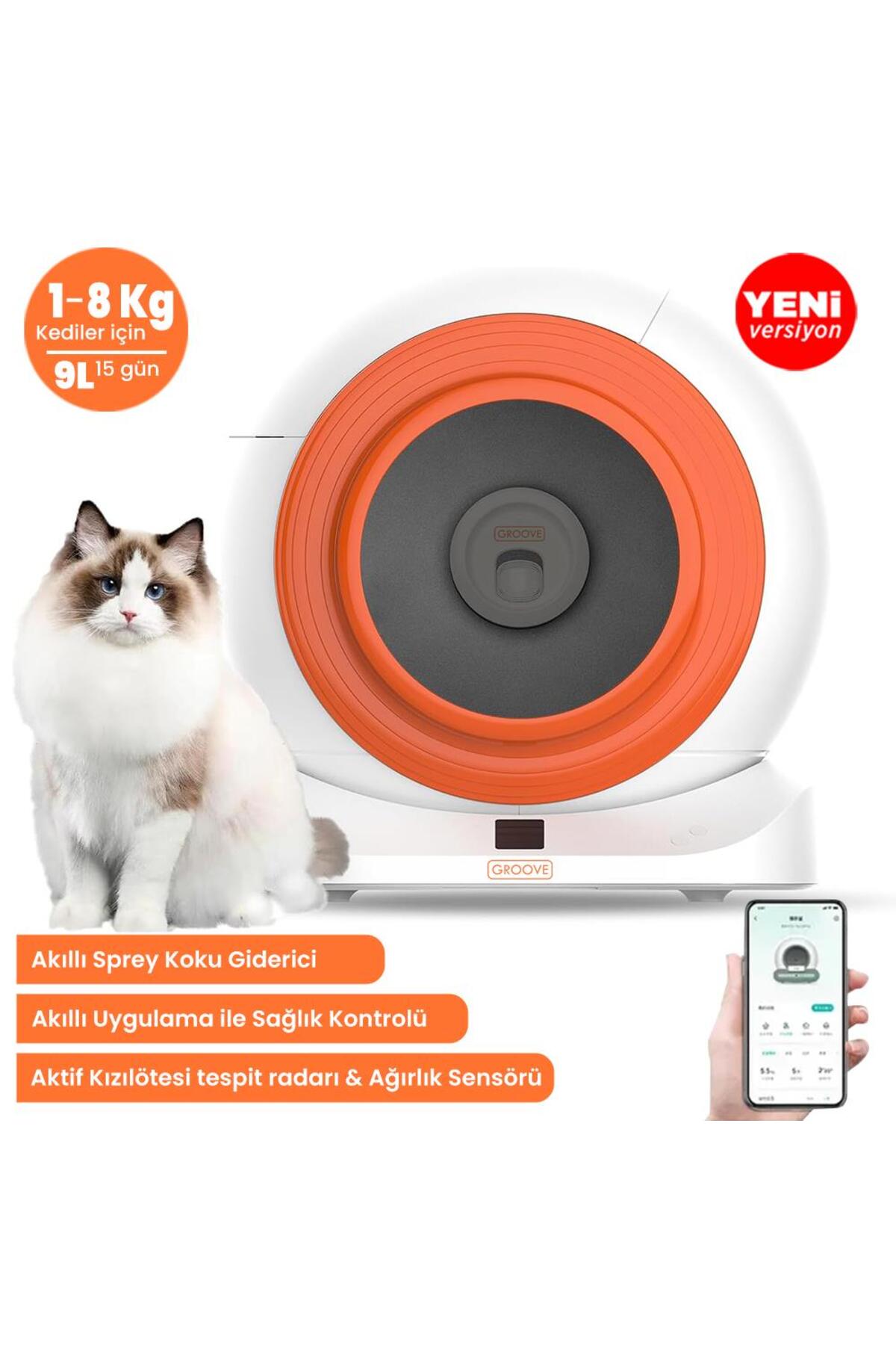 مجموعه لوازم گربه پت‌فیت Petfit؛ توالت خودکار Groove Q-Clean نارنجی و آب‌نمای هوشمند باتری‌دار Aqua Flow