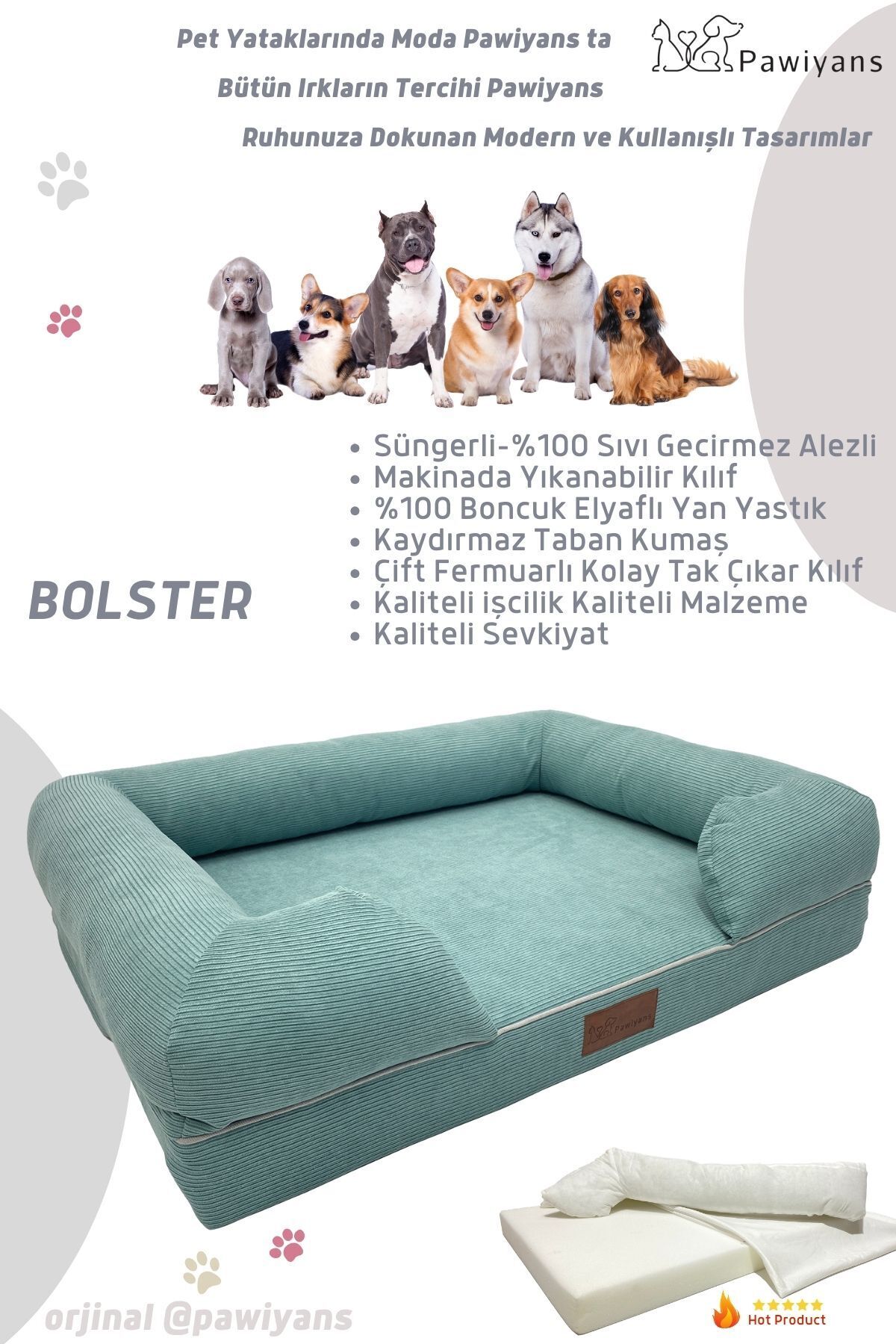 جای خواب بولستر سگ پاویانس PAWİYANS مدل P10523، سبز، فومی با روکش ضدنفوذ مایعات