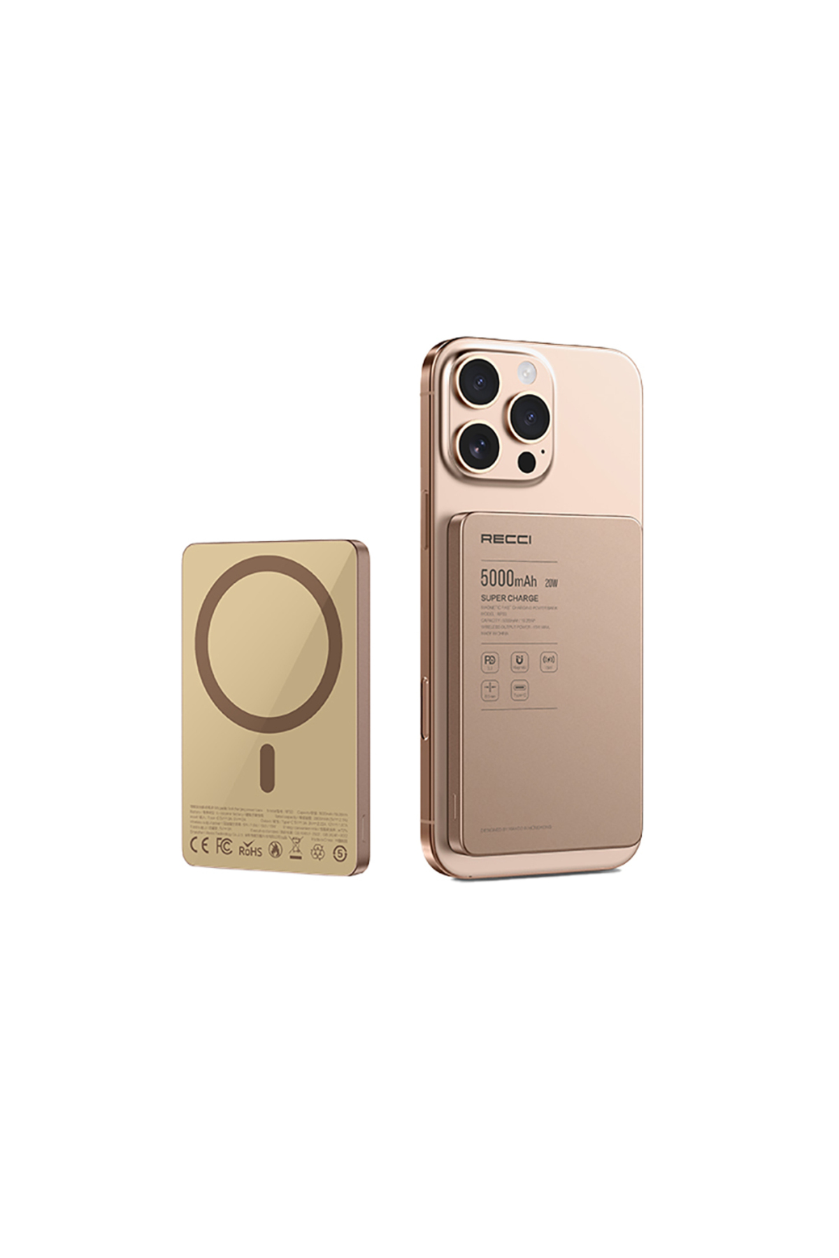 پاوربانک MAGSAFE POWERBANK RECCI RP33 PD 20W ULTRA THIN LED INDICATOR FEATURE CHARGING FAST 15W 5000MAH GOLD اورجینال Recci