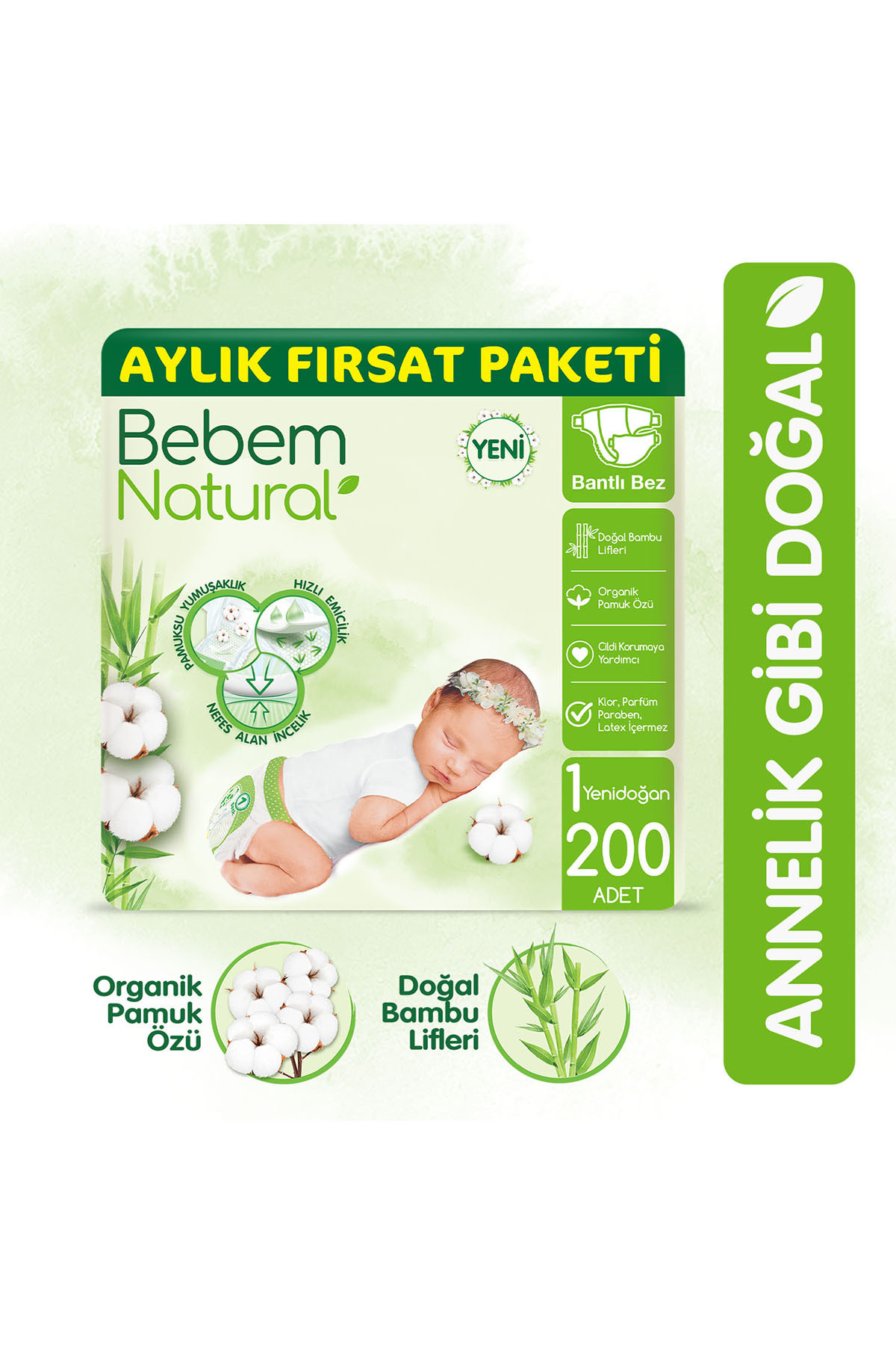 پوشک بچه سایز 1 نوزاد فرصت ماهانه بسته 200 عددی اورجینال Bebem Natural