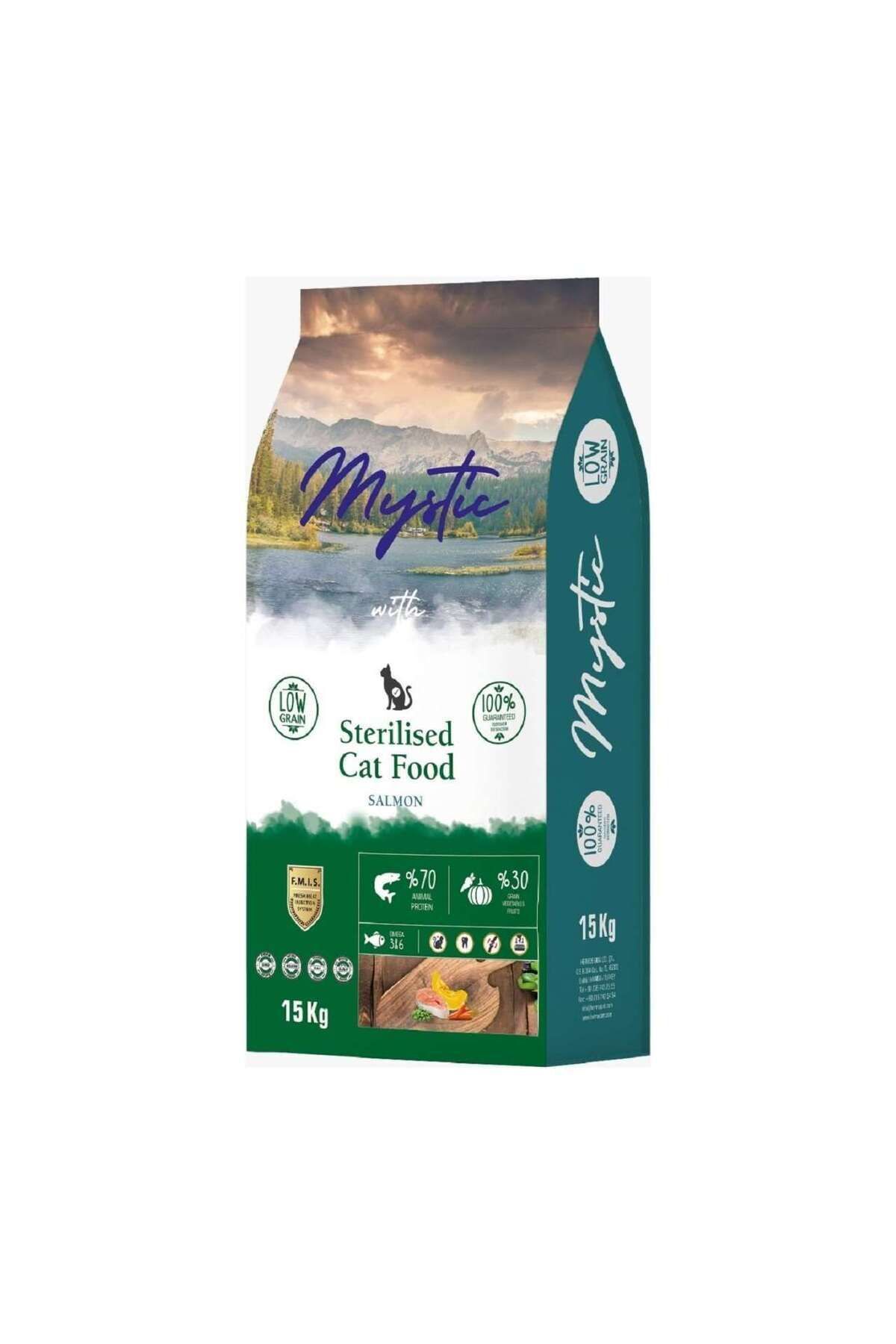 غذای خشک گربه میستیک Mystic با سالمون، کم‌غلات، بالغ و عقیم‌شده، ۱۵ کیلوگرم