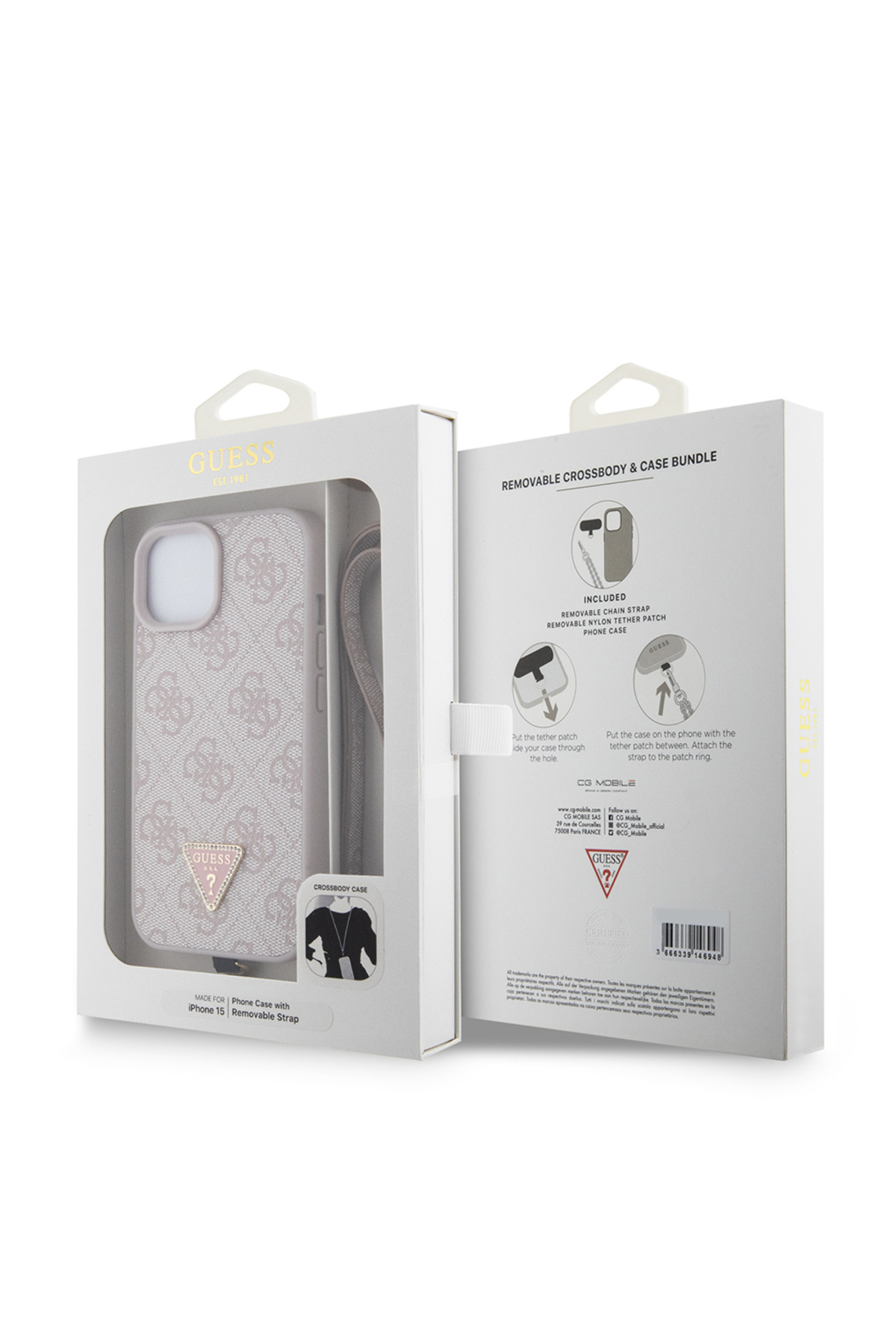 کاور و قاب IPHONE 15 CASE GUESS LICENSED PU LEATHERSTONEMETALTRIANGLELOGOCROSSBODYSTRAP 4G PATTERNED PINK اورجینال Guess