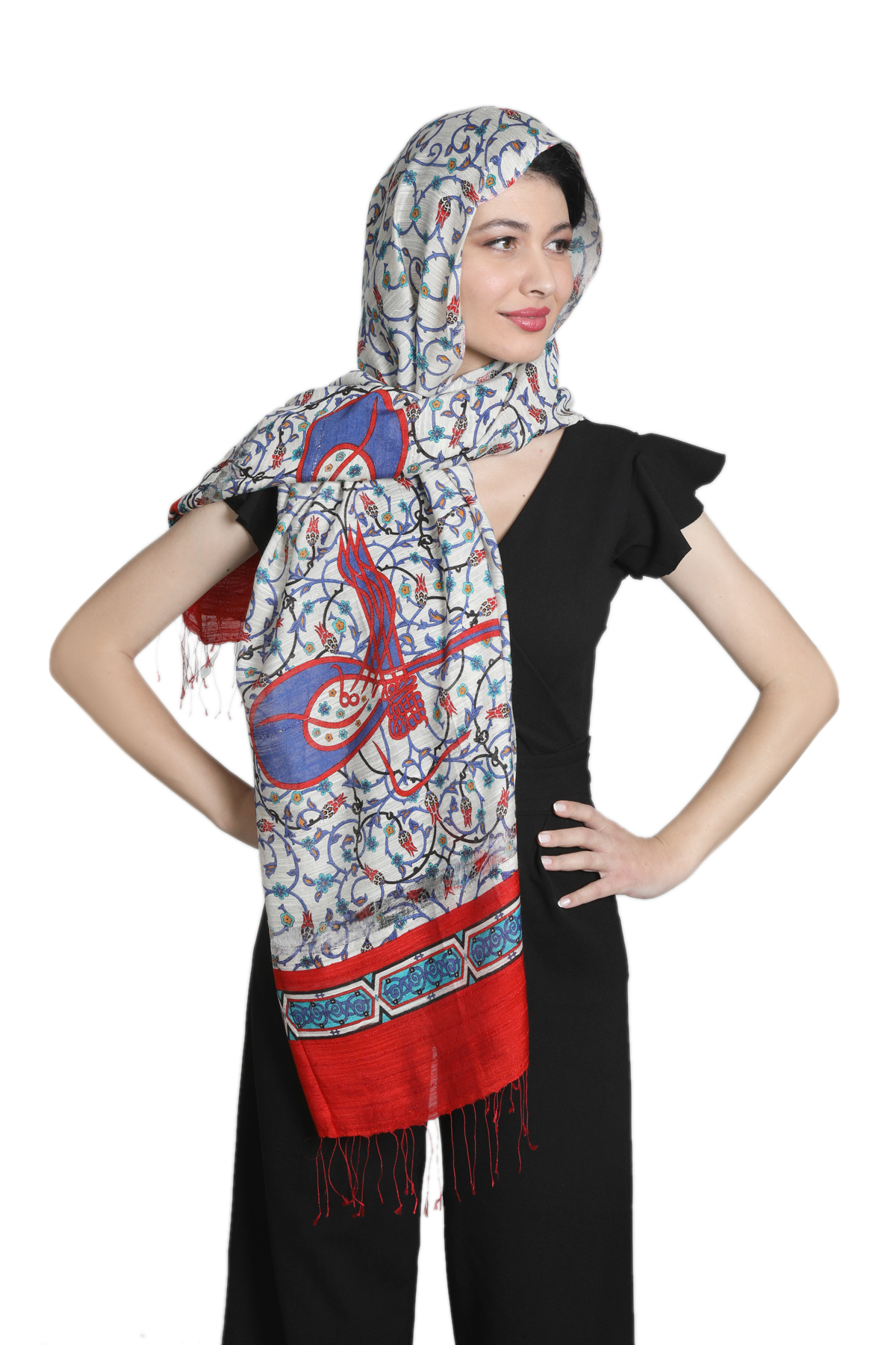 شال ابریشم و کتان میستیک Mystic، مدل MS-319، قرمز و اکرو زنانه