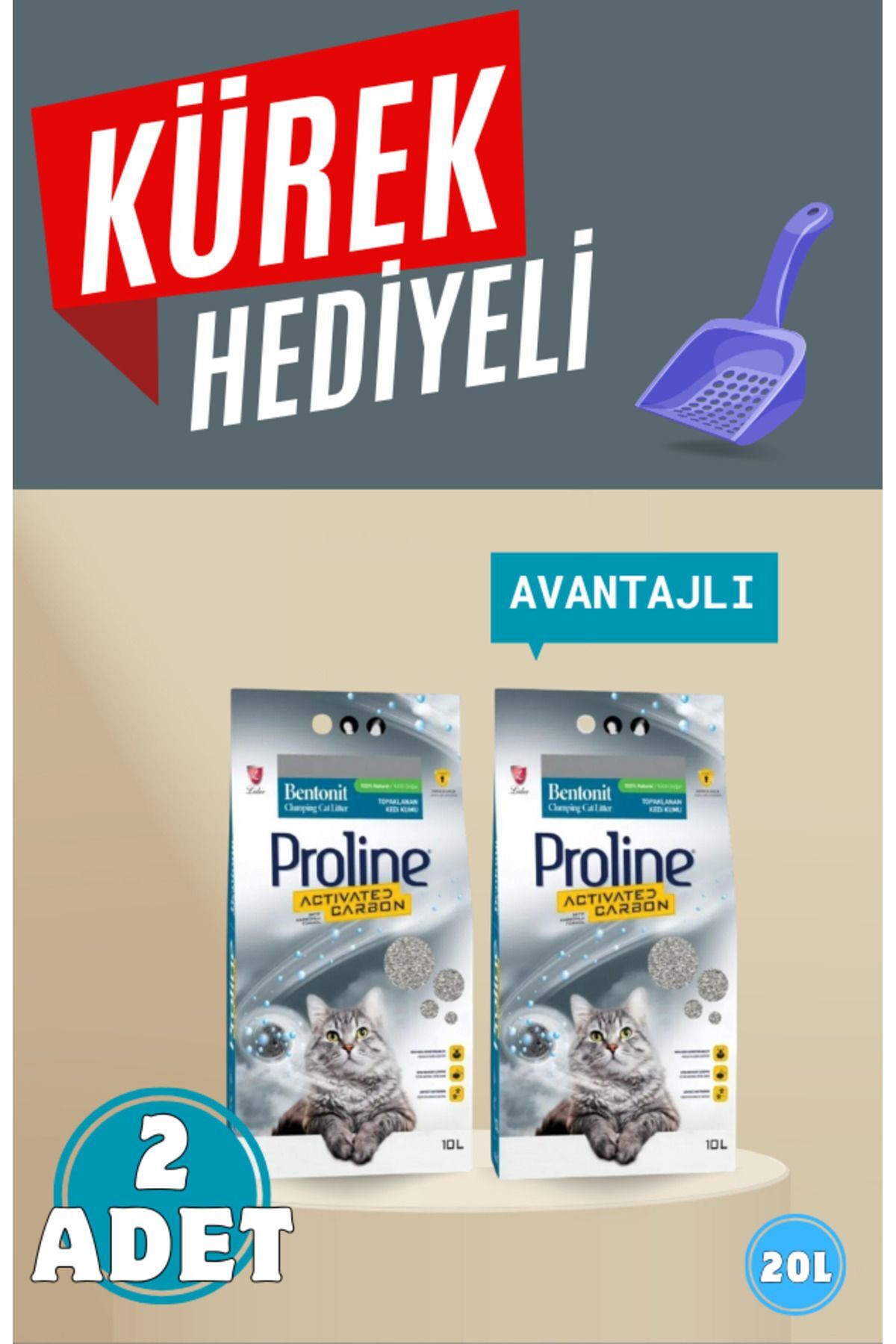 خاک گربه گلوله‌شونده کربن فعال پرولاین Proline، ۲ بسته ۱۰ لیتری همراه بیلچه