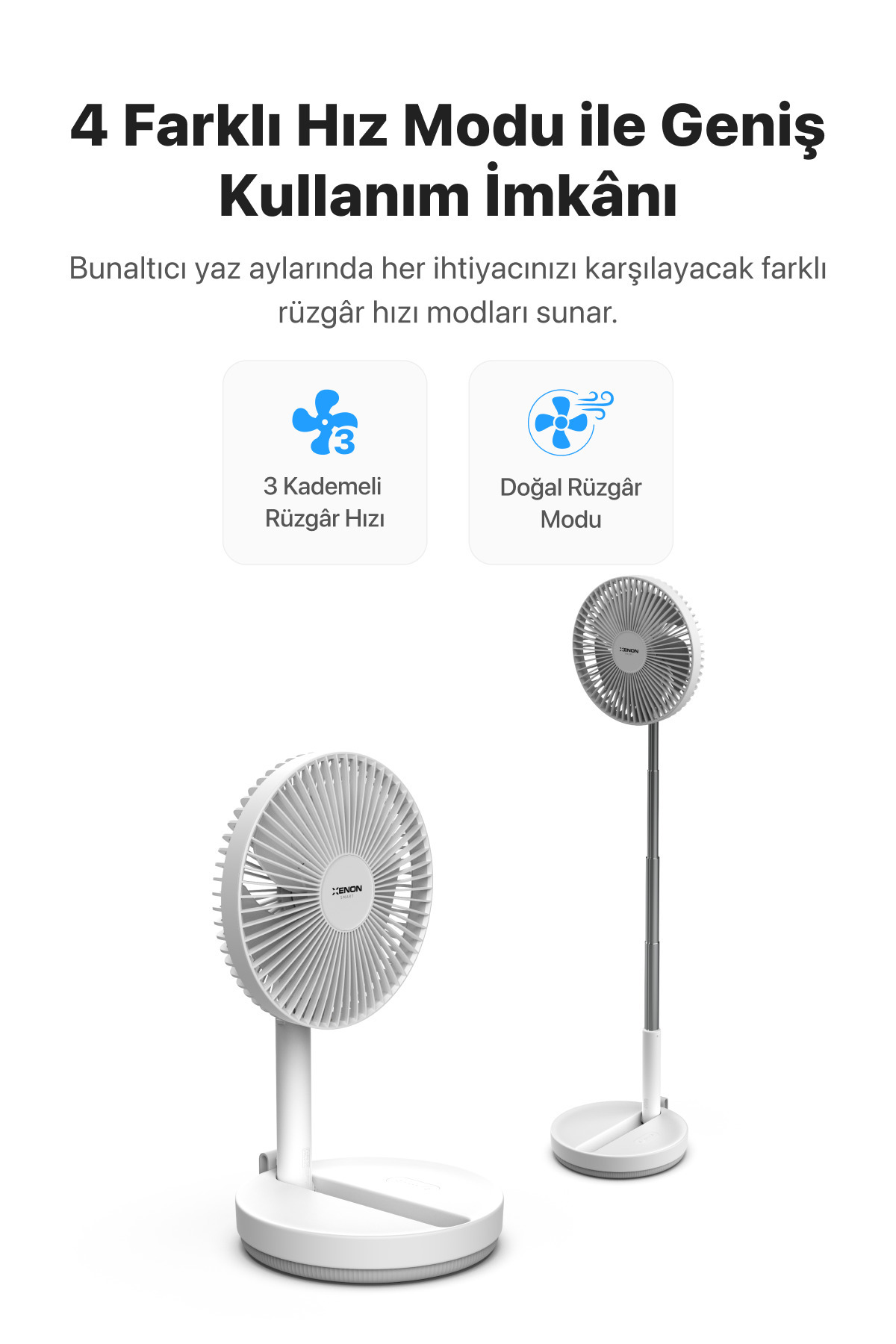 پنکه شارژی پایه‌دار زنون اسمارت Xenon Smart مدل X6103، ۸۰۰۰ میلی‌آمپرساعت، سه‌سرعته، سفید