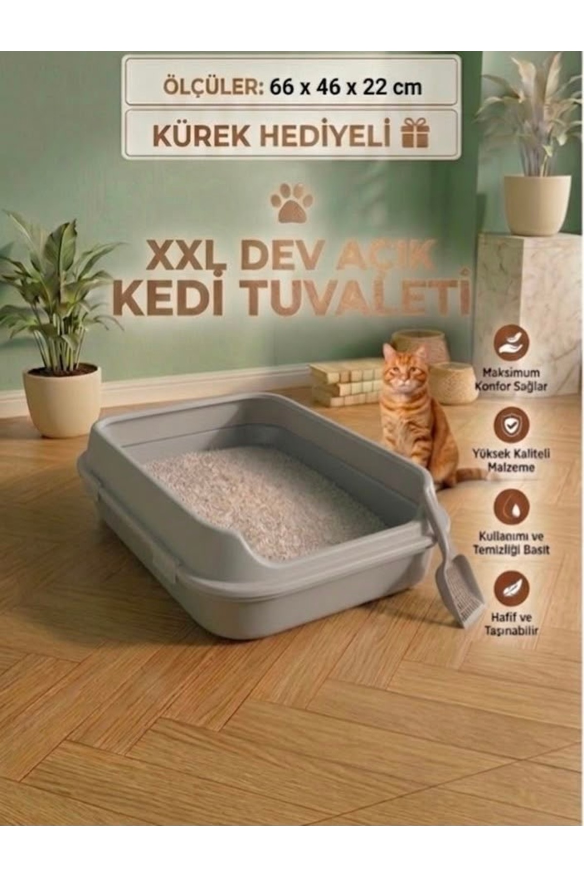 ظرف خاک گربه روباز XXL همراه بیلچه، اورگاکیتی Orgakitty خاکستری