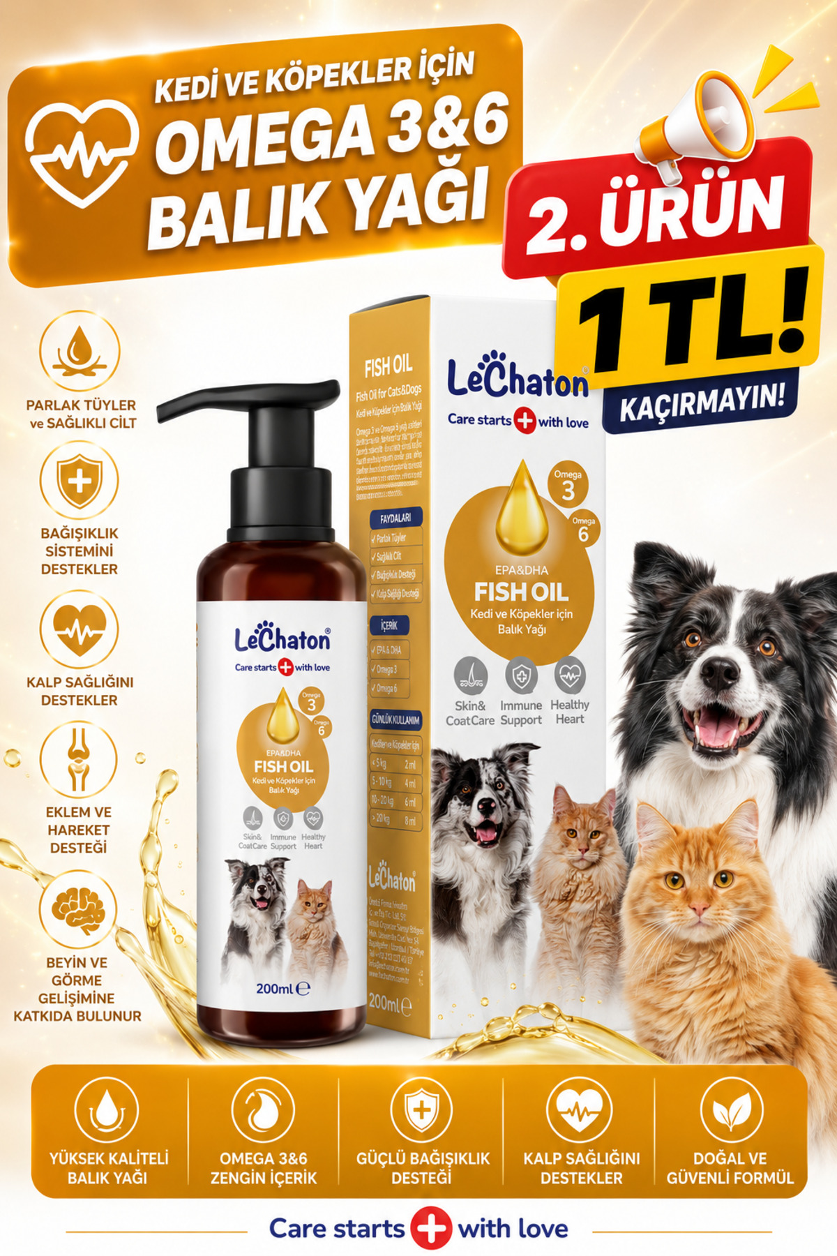 روغن ماهی قطره‌ای سگ و گربه لوشاتون پت‌کر LeChaton Pet Care، ۲۰۰ میلی‌لیتر