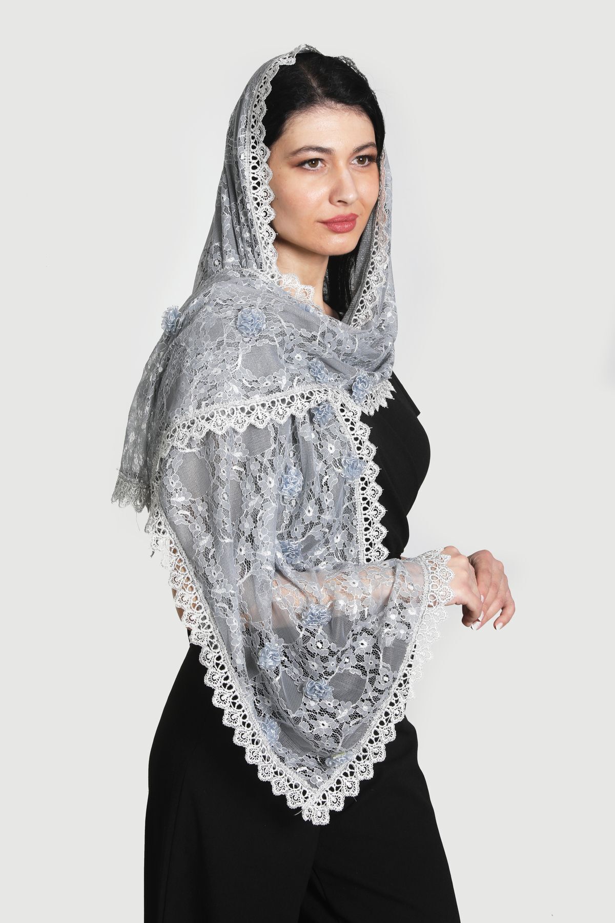 شال زنانه میستیک Mystic مدل MS-223، خاکستری طرح‌دار، پنبه و ابریشم