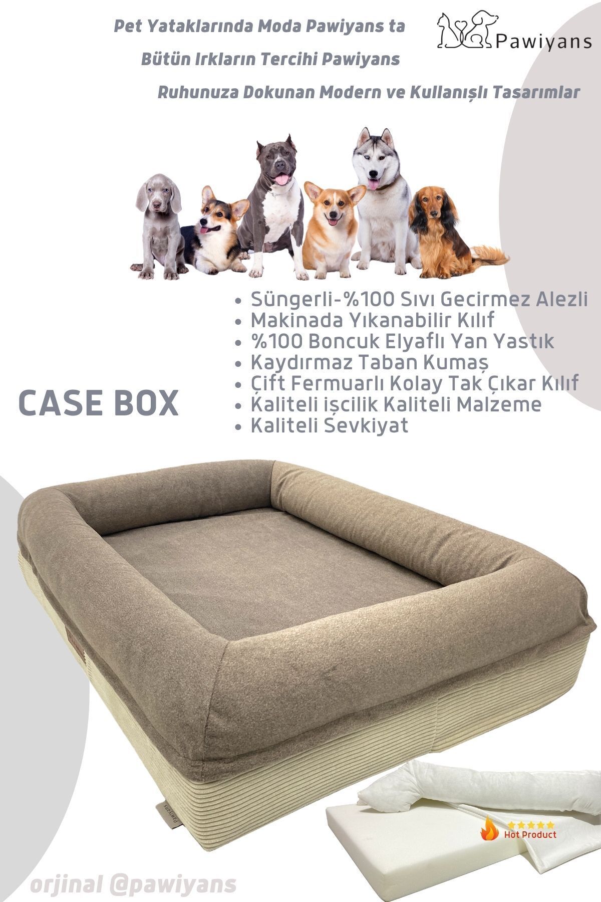 تخت سگ پاویانس PAWİYANS سری Coch Box، الیافی با محافظ ضدنفوذ مایعات خاکستری