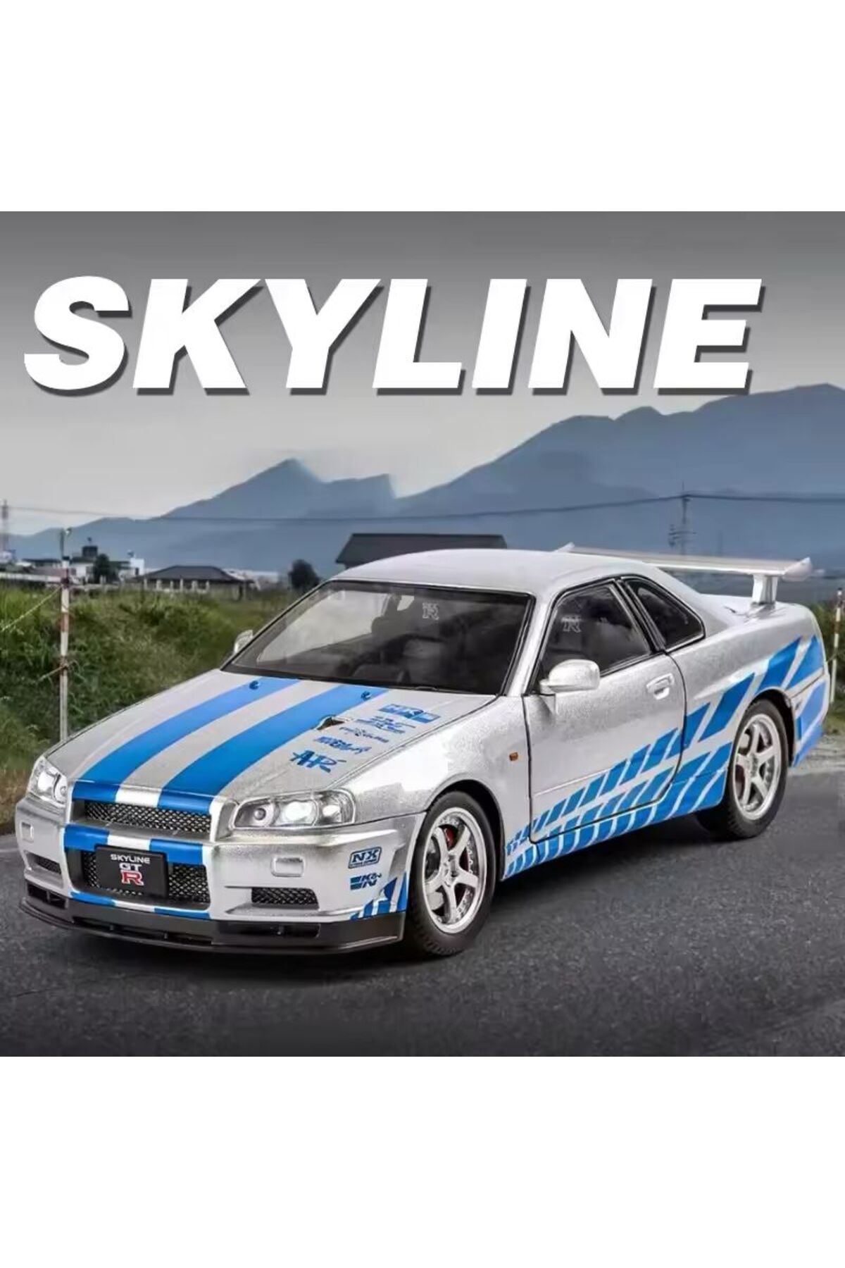مدل خودرو FAST AND FURIOUS DIECAST 2002 NISSAN SKYLINE GTR R34SILVER BLUE مقیاس 1:24 با صدا و نور اورجینال scntoys
