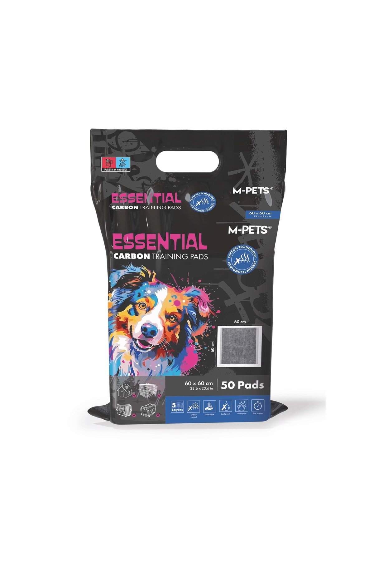 پد ادرار چسب‌دار کربنی ESSENTIAL ام‌پتس M-PETS، ۶۰×۶۰ سانتی‌متر، ۵۰ عددی
