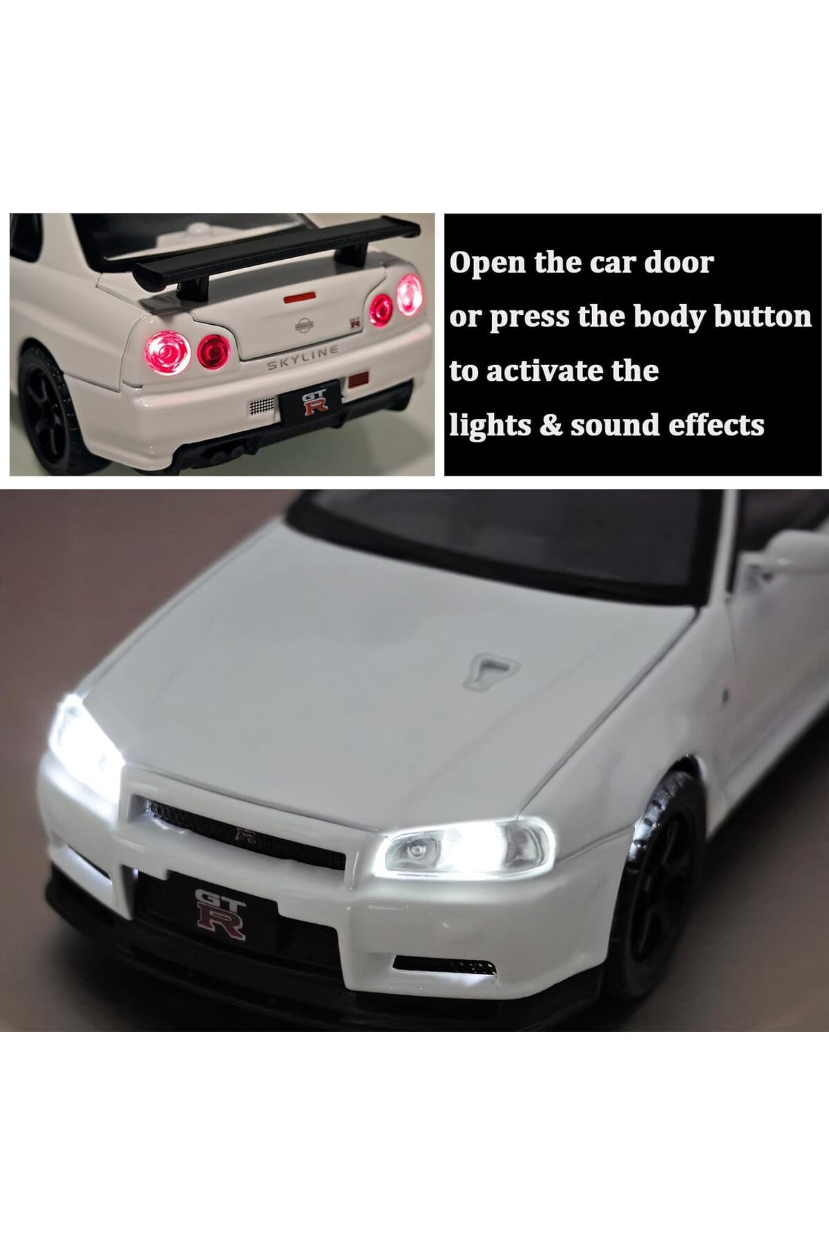 مدل خودرو NISSAN SKYLINE GTR R34 1:24 DIECAST METAL MODEL CAR COLLECTION سفید با صدا و نور اورجینال alpmodel