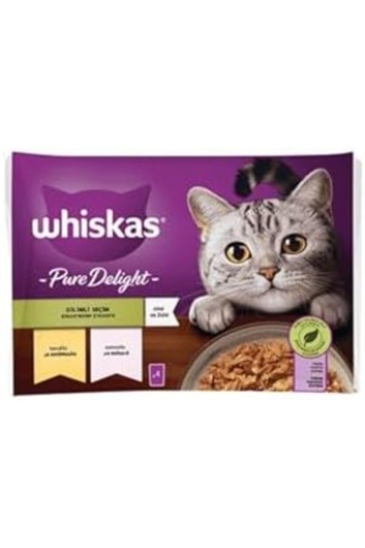 غذای پاکتی گربه بالغ ویسکاس Whiskas Pure Delight مرغ و سالمون در ژله، ۴×۸۵ گرم