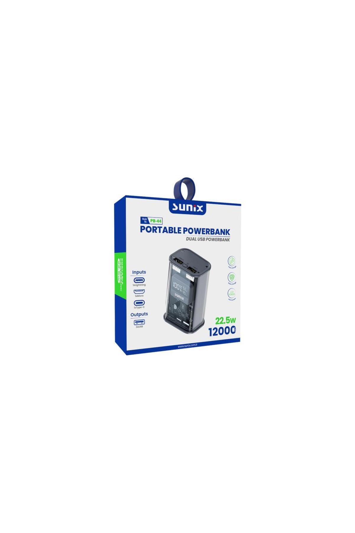 پاوربانک دوگانه USB 12000 ماه 22.5 واتی با نشانگر LED خاکستری PB 44 اورجینال Sunix