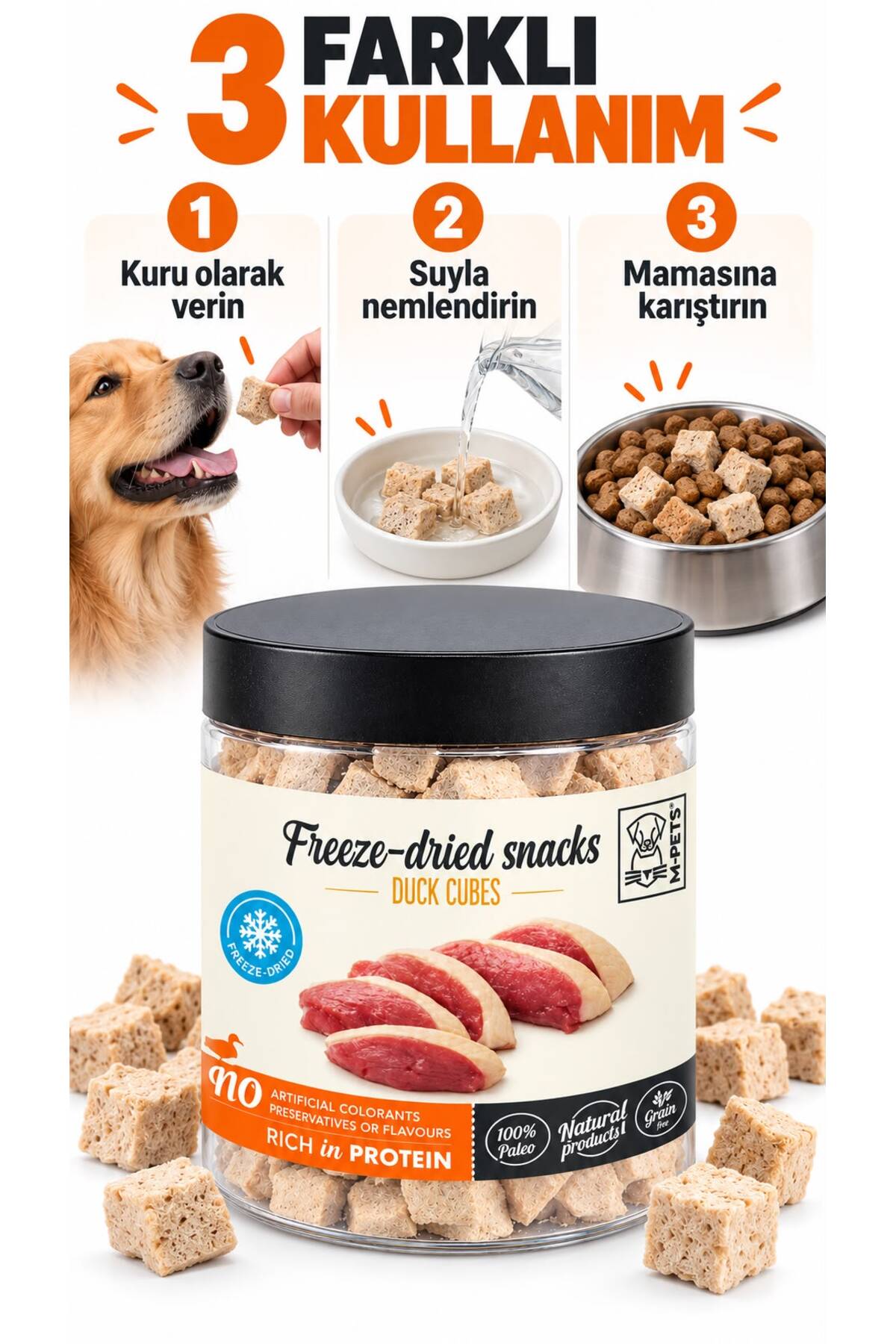 تشویقی سگ مکعبی اردک ۱۰۰٪ خشک‌شده انجمادی، ۳۰ گرم ام‌پتس M-PETS